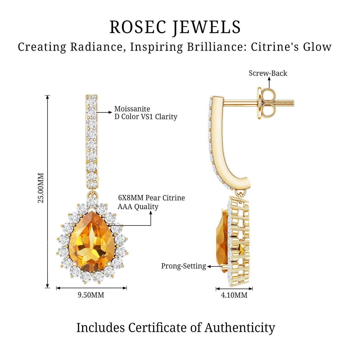 Genuine 2 Carat Pear Shape Citrine Drop Earrings with Moissanite