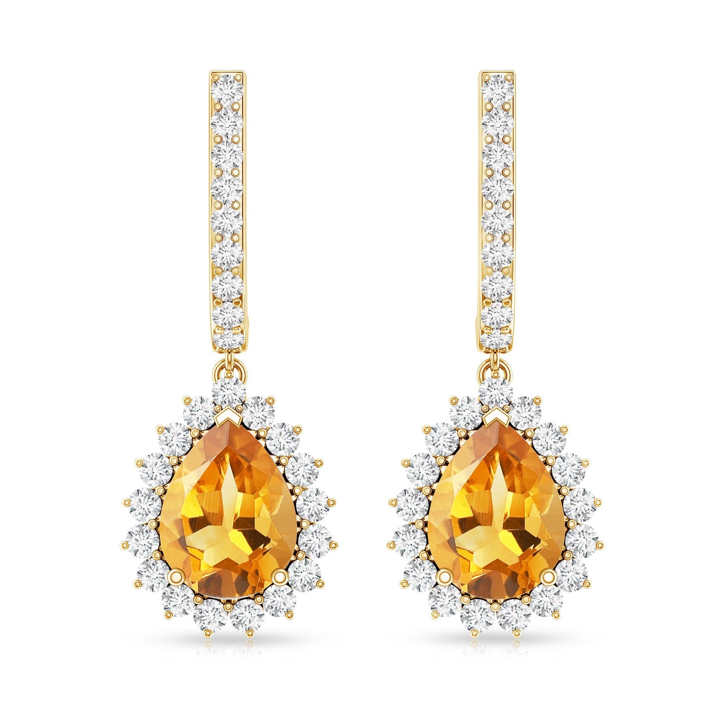 Genuine 2 Carat Pear Shape Citrine Drop Earrings with Moissanite