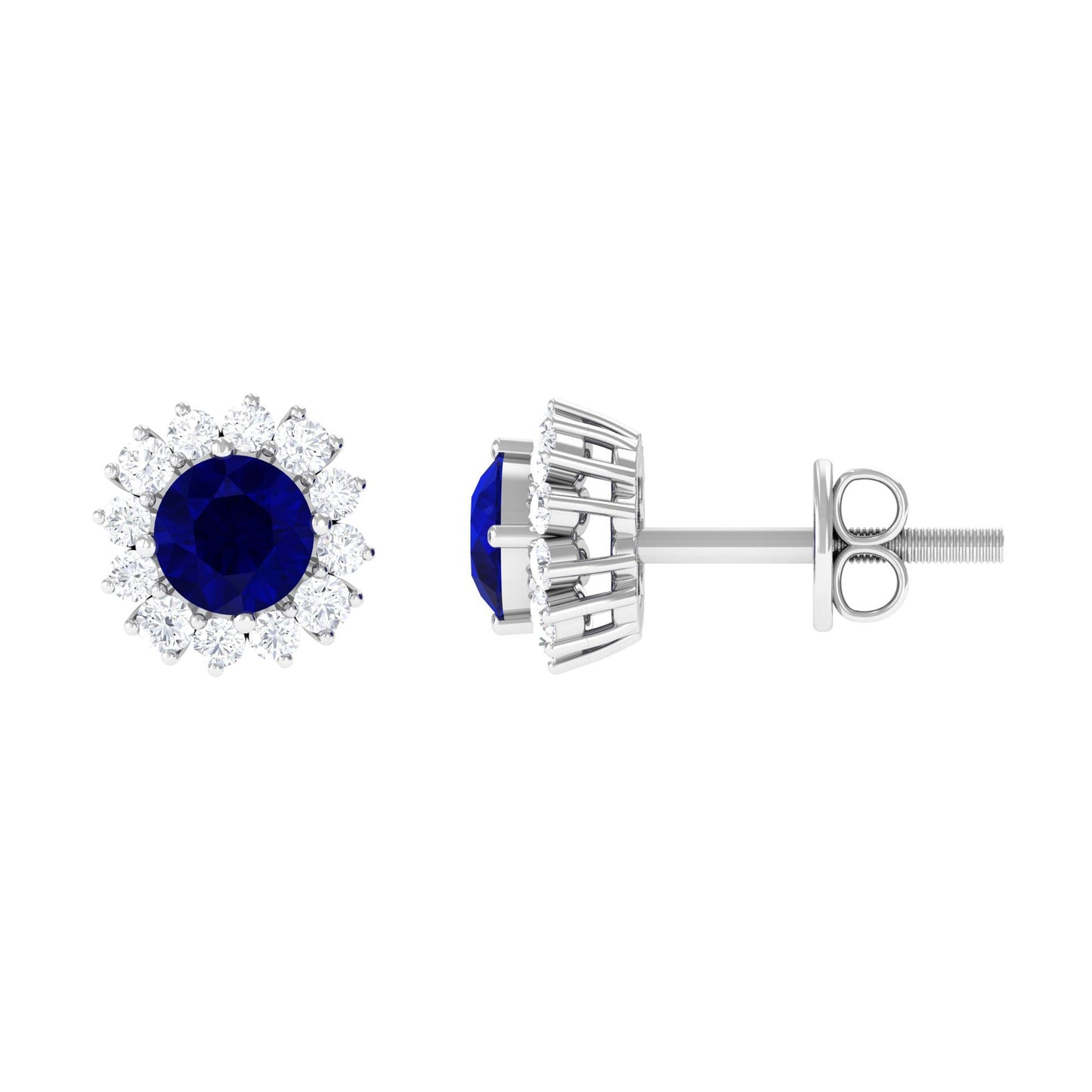 0.8 Carat Natural Blue Sapphire and Diamond Halo Stud Earrings