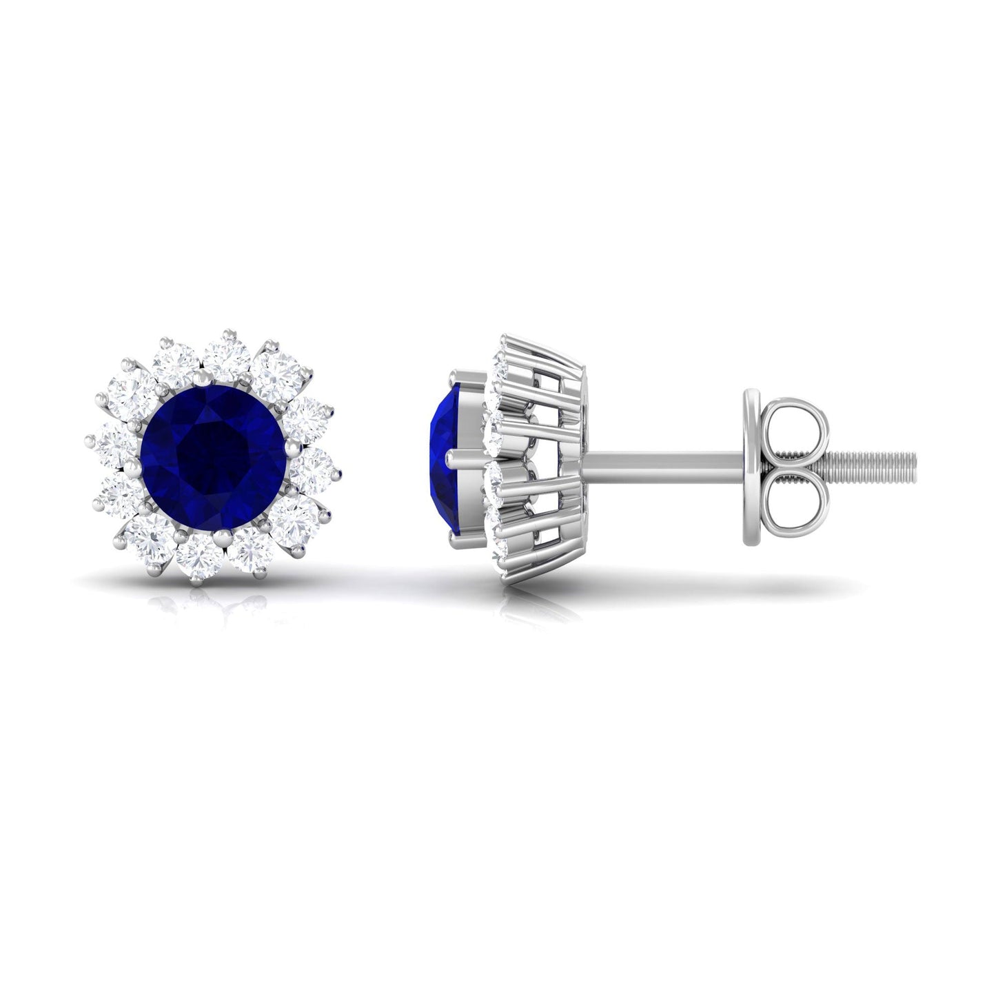 0.8 Carat Natural Blue Sapphire and Diamond Halo Stud Earrings