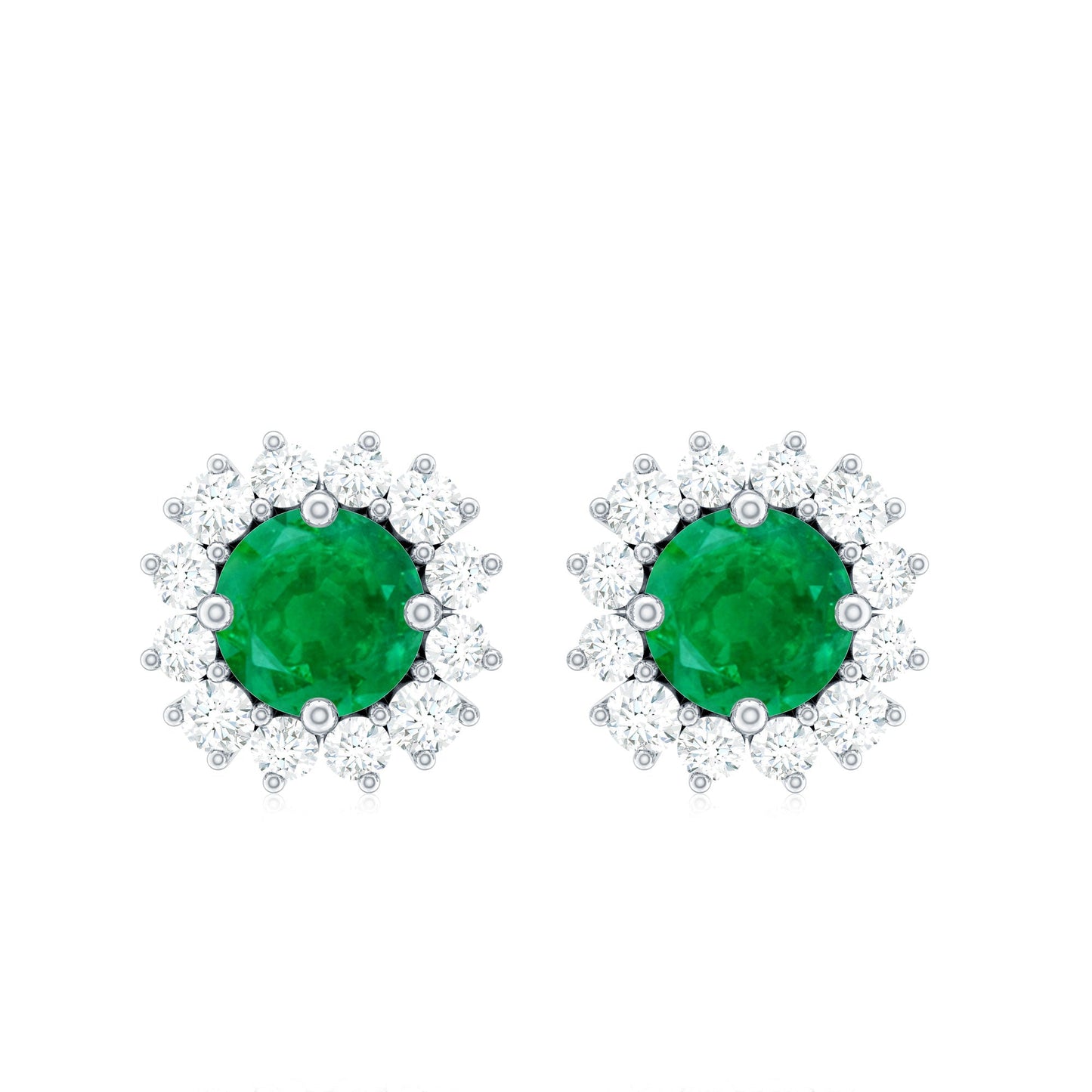 Natural Emerald Classic Stud Earrings with Diamond Halo