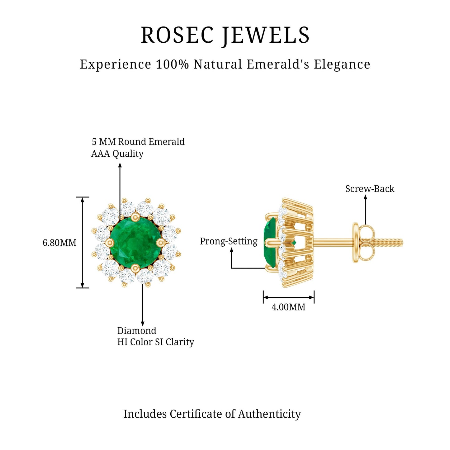 Natural Emerald Classic Stud Earrings with Diamond Halo