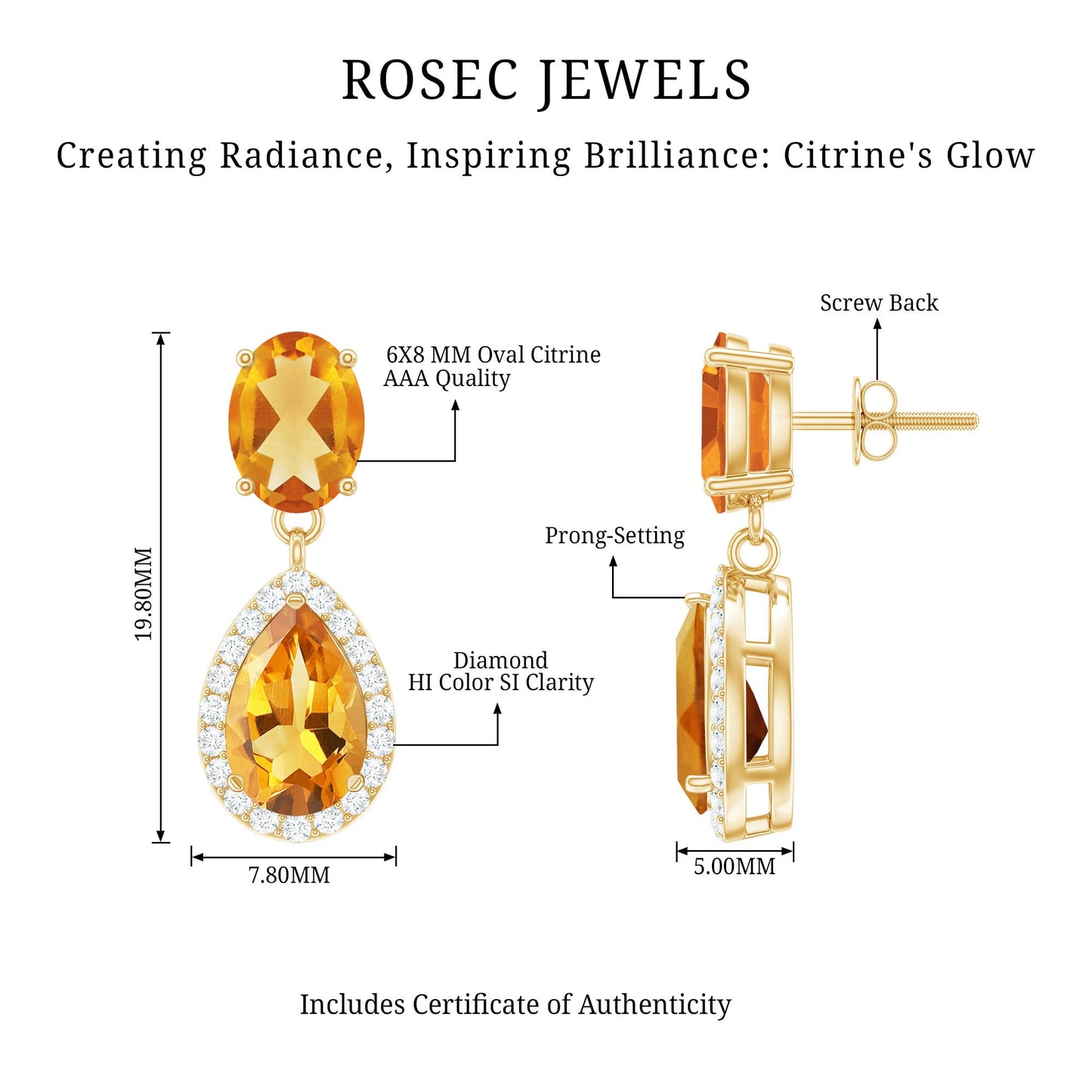 Natural 2 Carat Citrine and Diamond Teardrop Earrings