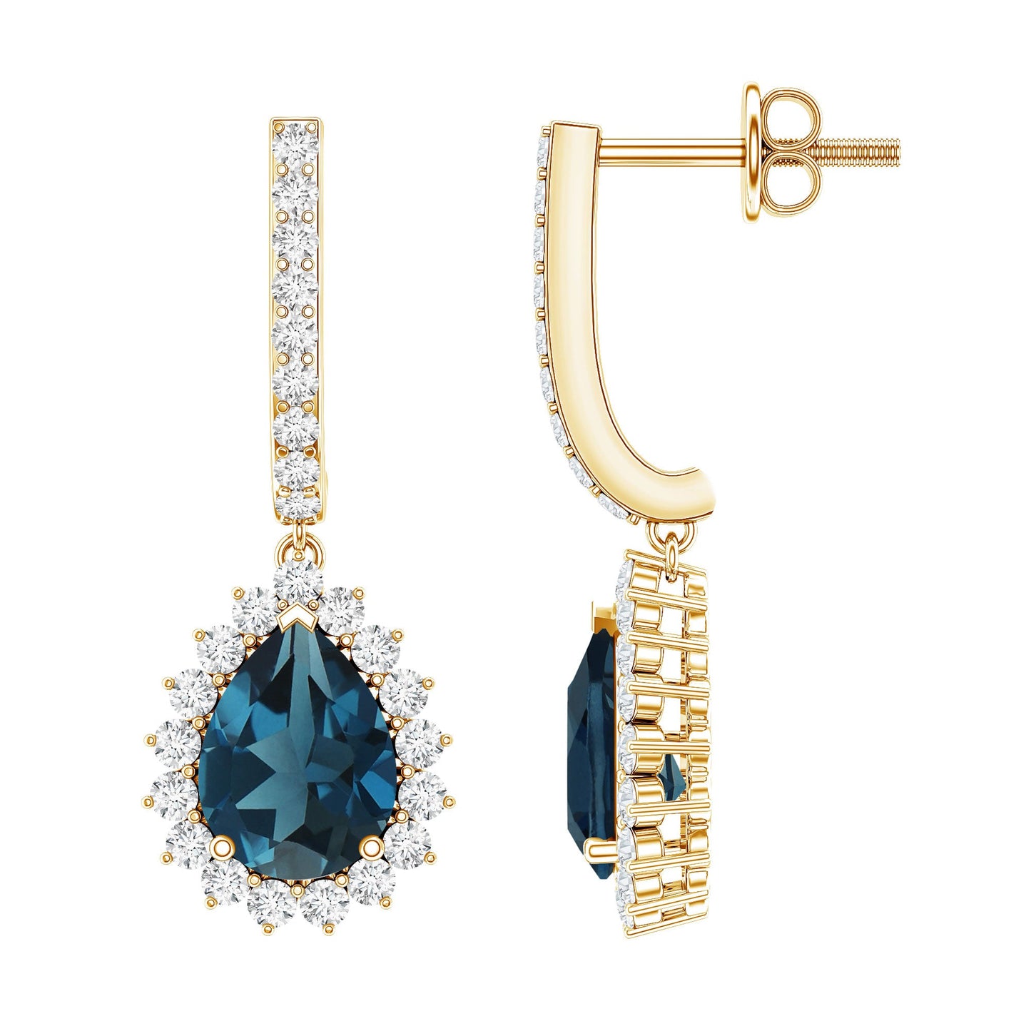 London Blue Topaz Teardrop Hoop Earrings with Diamond Halo