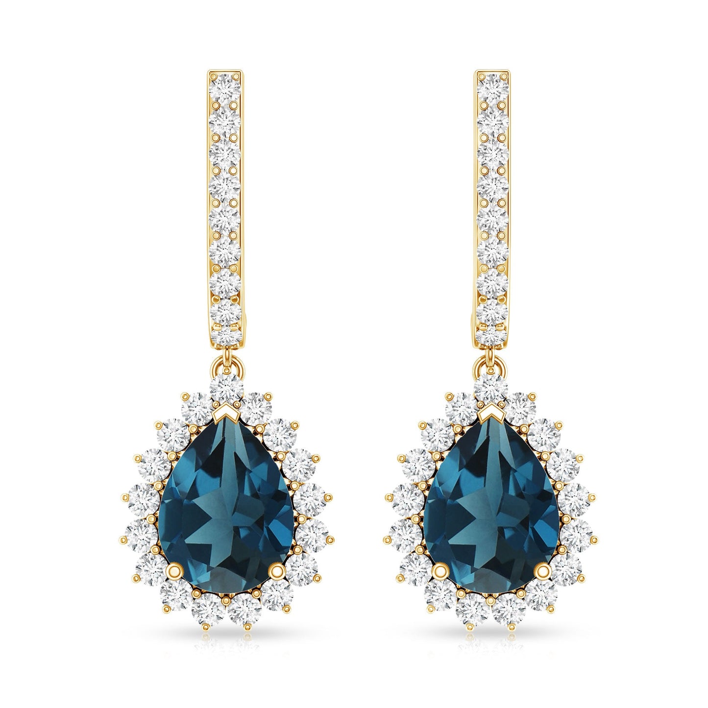 London Blue Topaz Teardrop Hoop Earrings with Diamond Halo