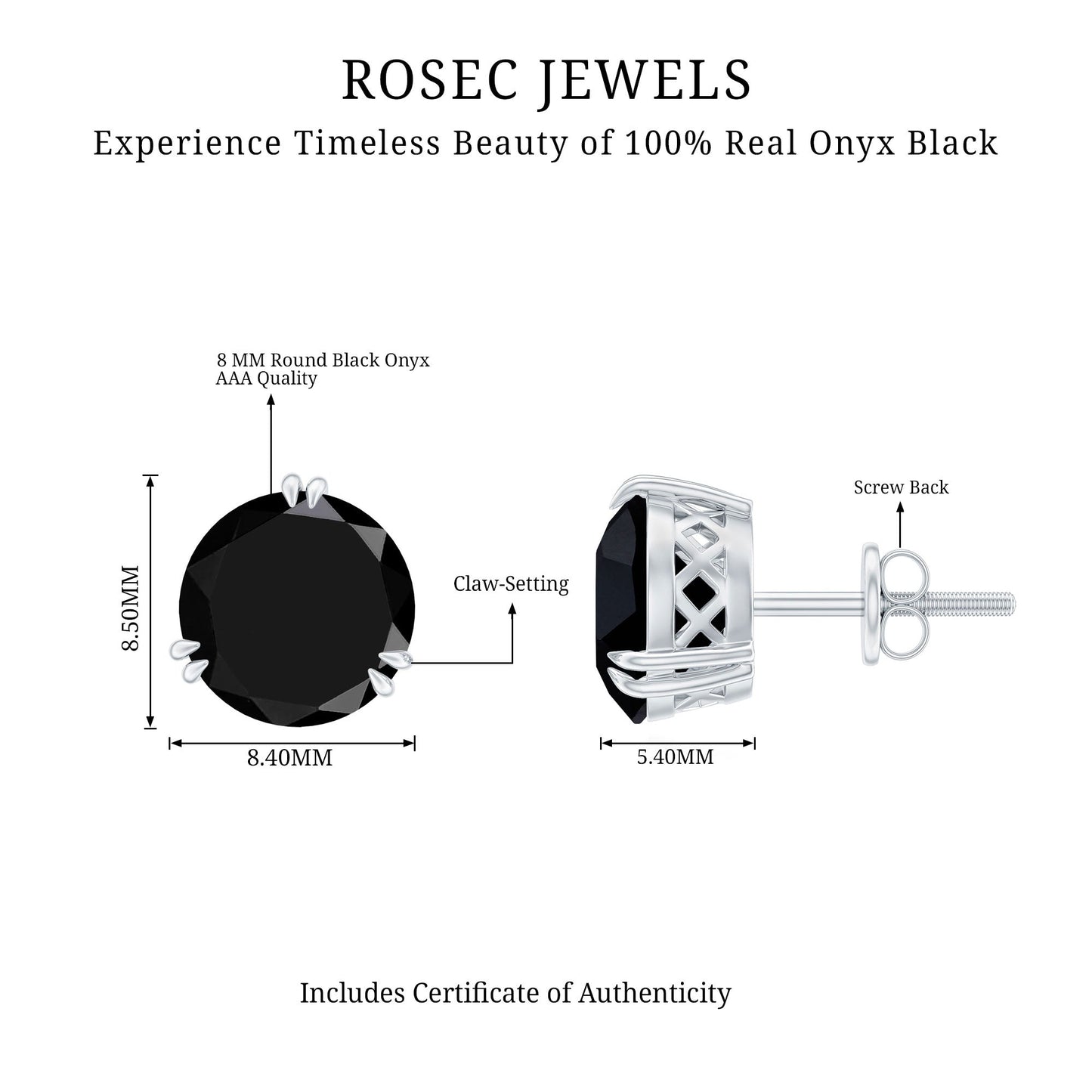 Real Black Onyx December Birthstone Earrings with Screw Back