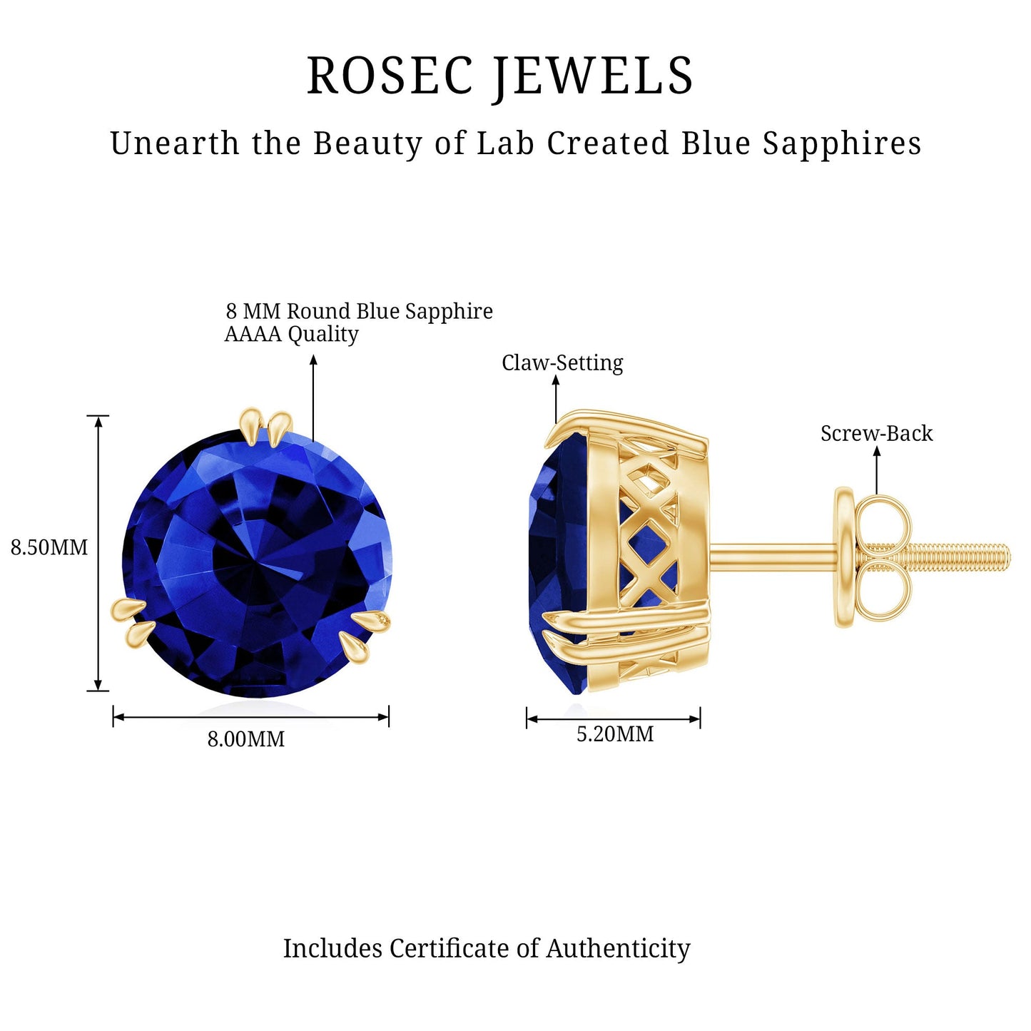 5.4 Carat Lab Created Blue Sapphire Solitaire Stud Earrings