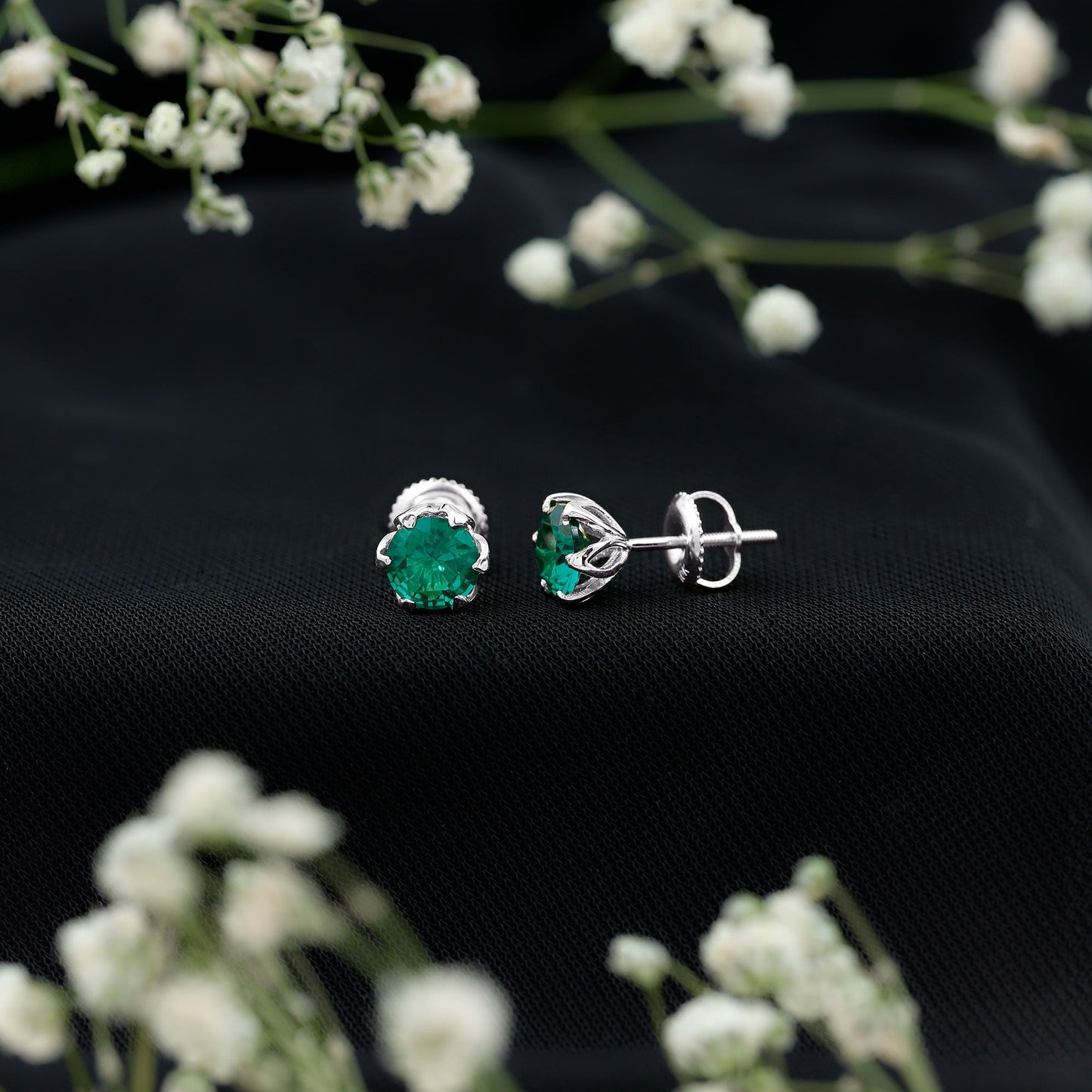 Lotus Basket Set 1.6 Carat Lab Created Emerald Solitaire Stud Earrings