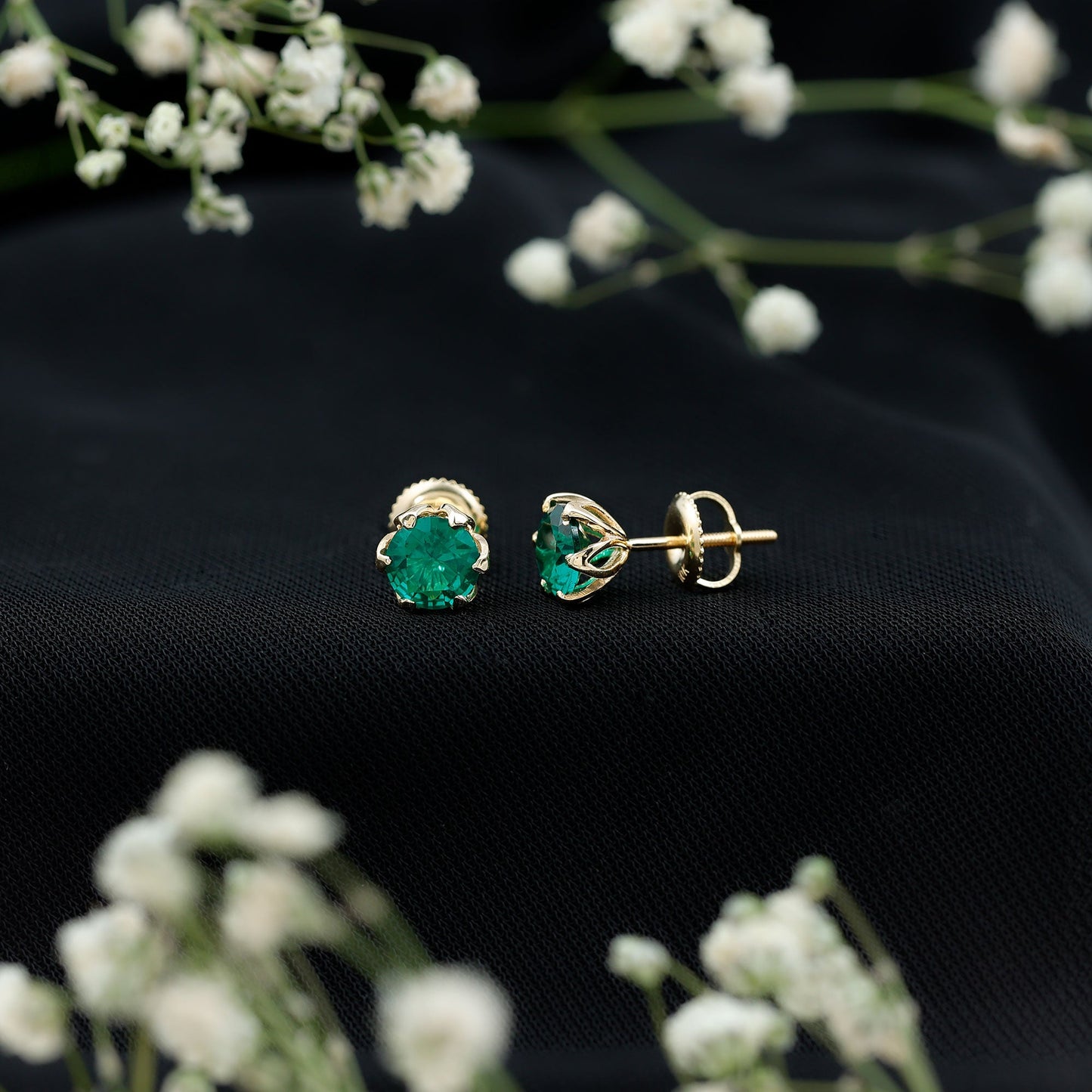 Lotus Basket Set 1.6 Carat Lab Created Emerald Solitaire Stud Earrings