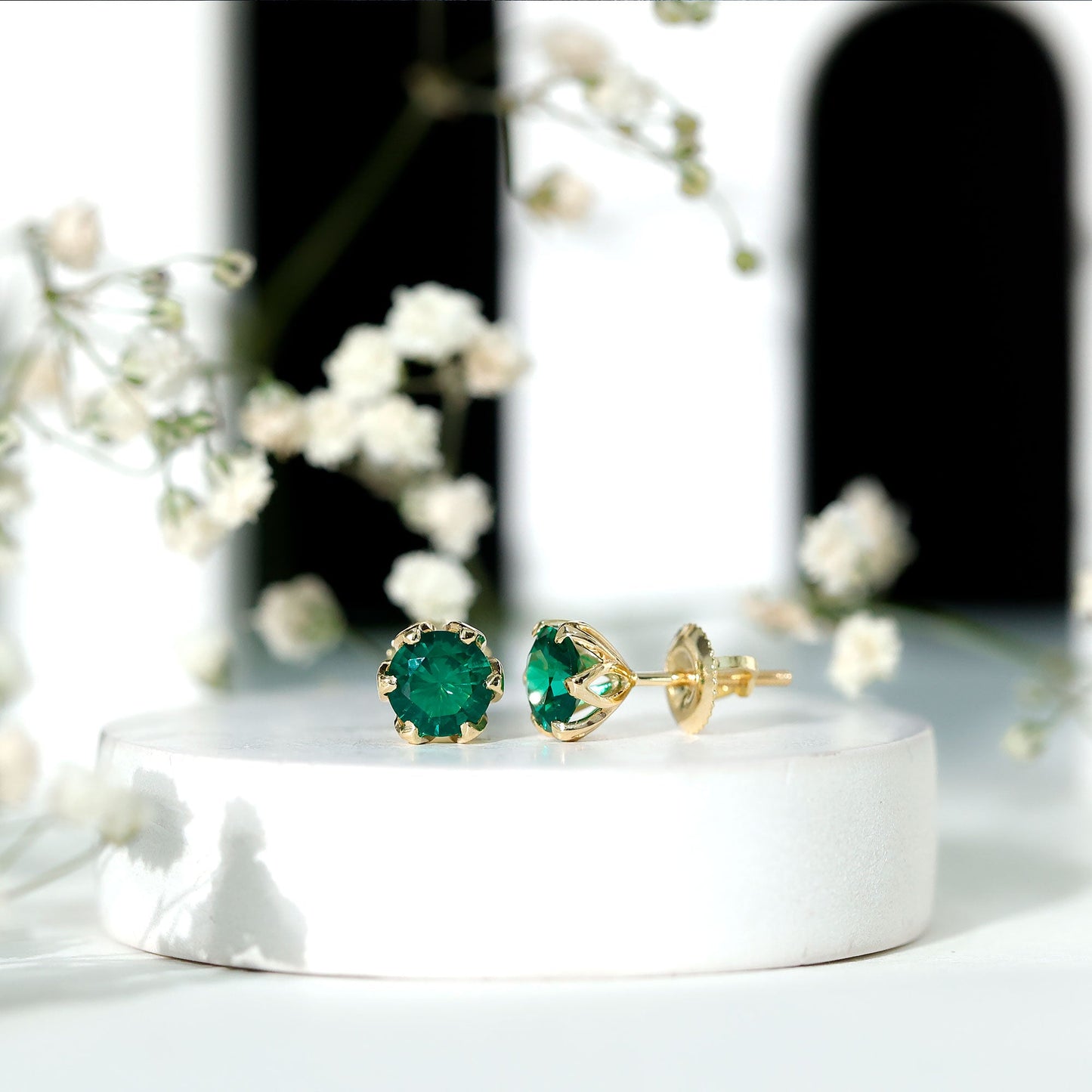 Lotus Basket Set 1.6 Carat Lab Created Emerald Solitaire Stud Earrings