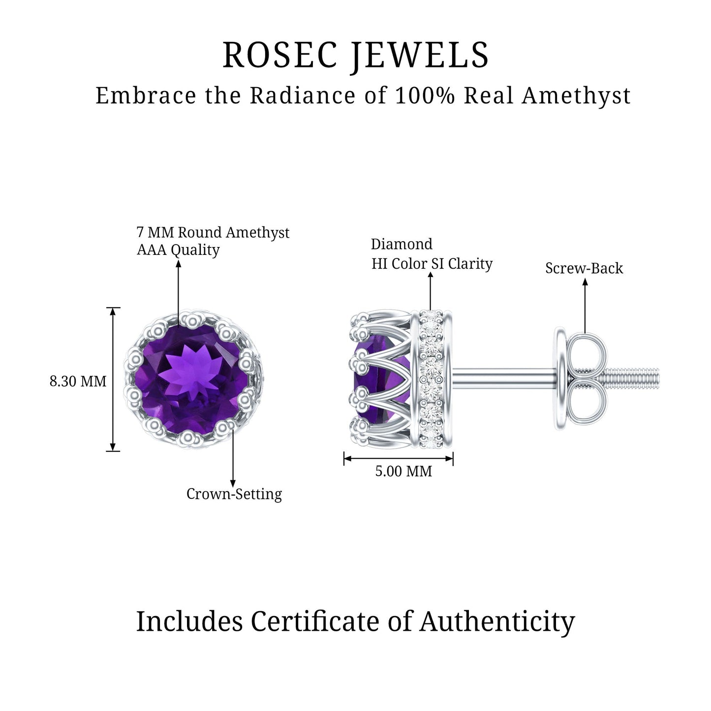 Natural Amethyst and Diamond Bridal Stud Earrings