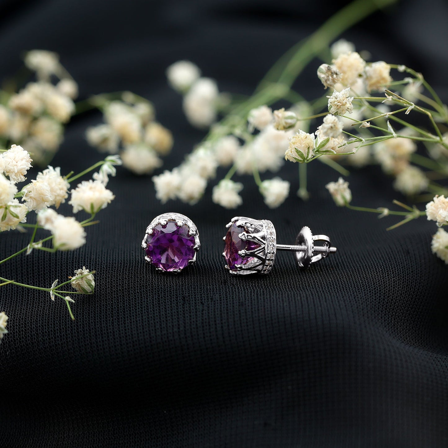 Natural Amethyst and Diamond Bridal Stud Earrings