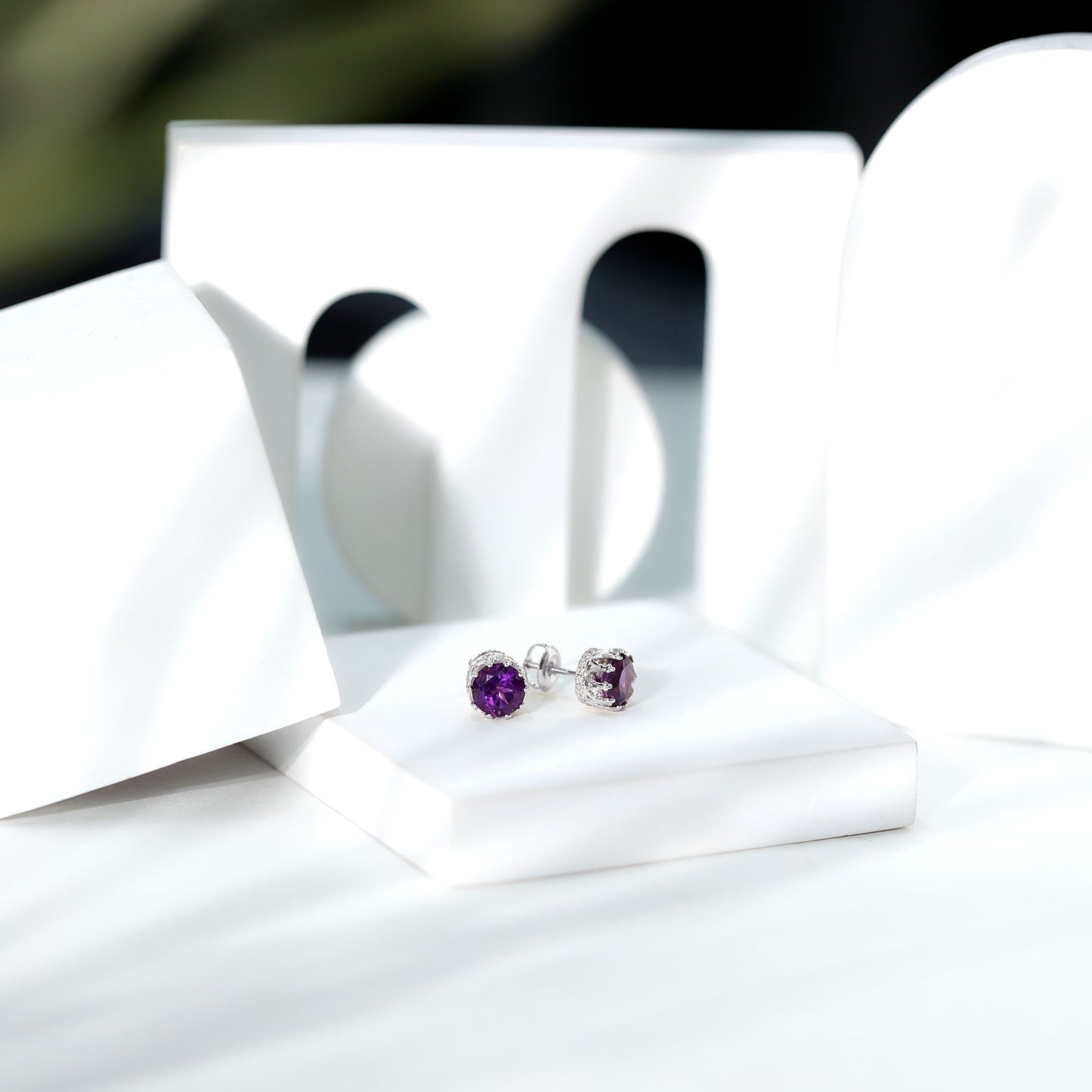 Natural Amethyst and Diamond Bridal Stud Earrings