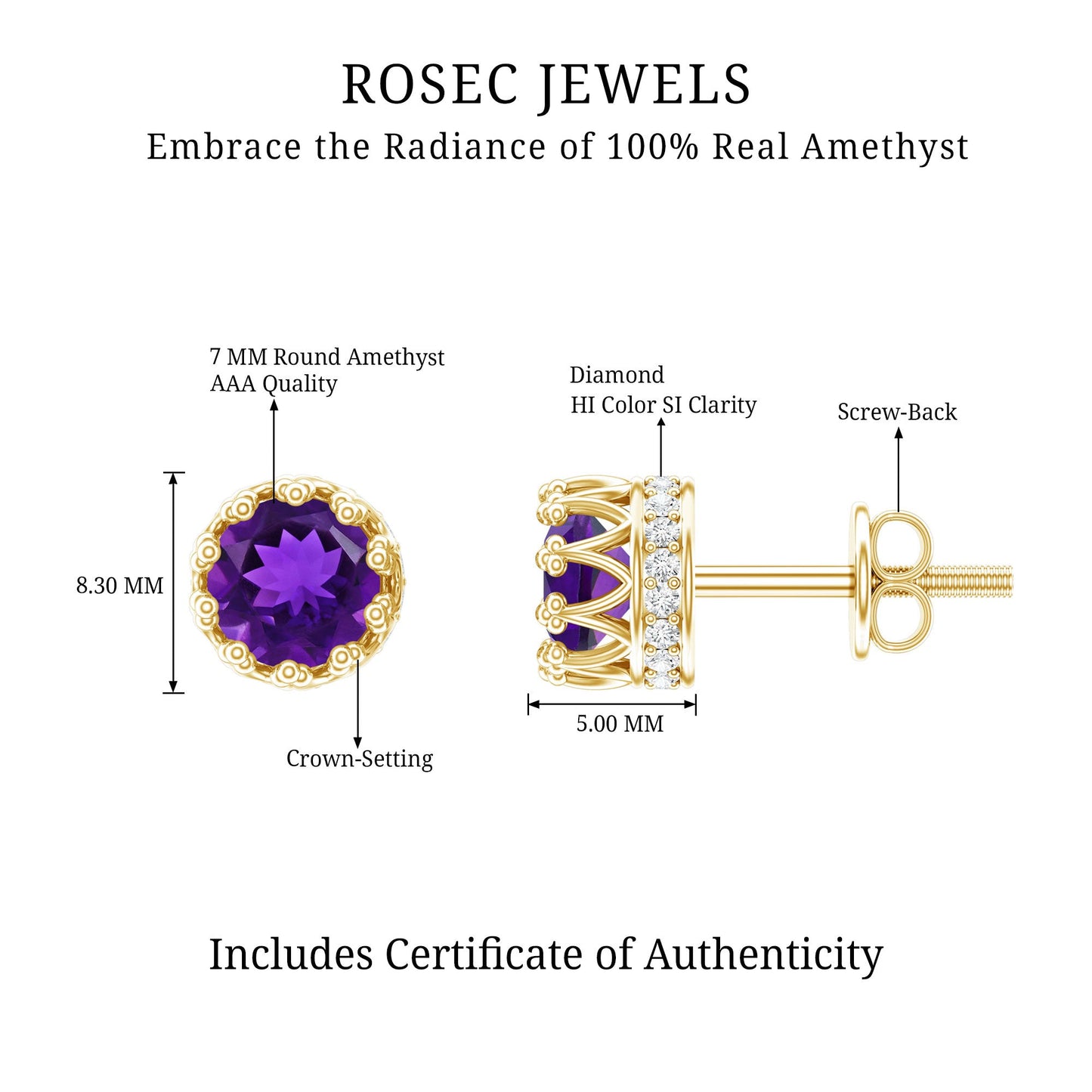Natural Amethyst and Diamond Bridal Stud Earrings
