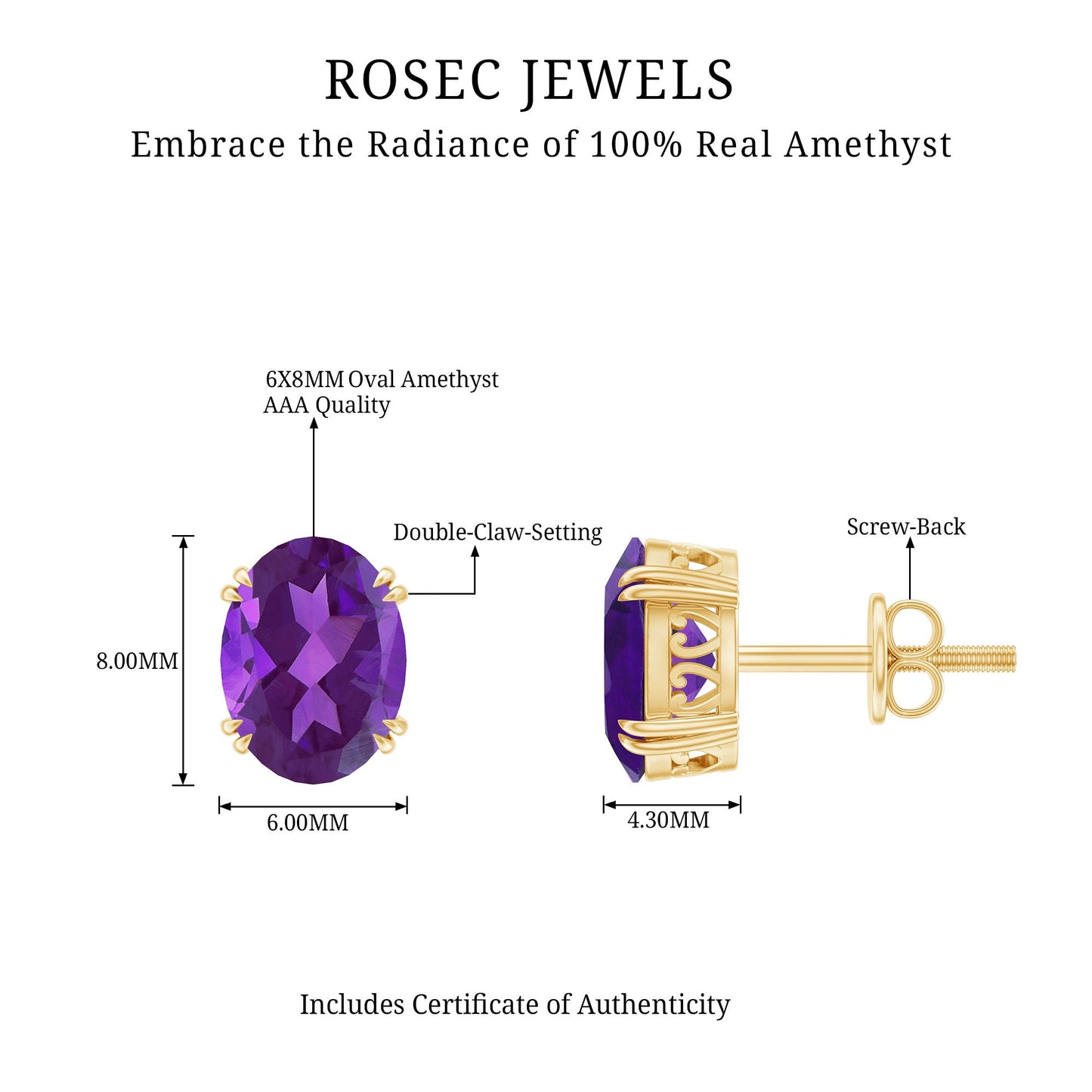 2.2 Carat Oval Cut Amethyst Solitaire Stud Earrings