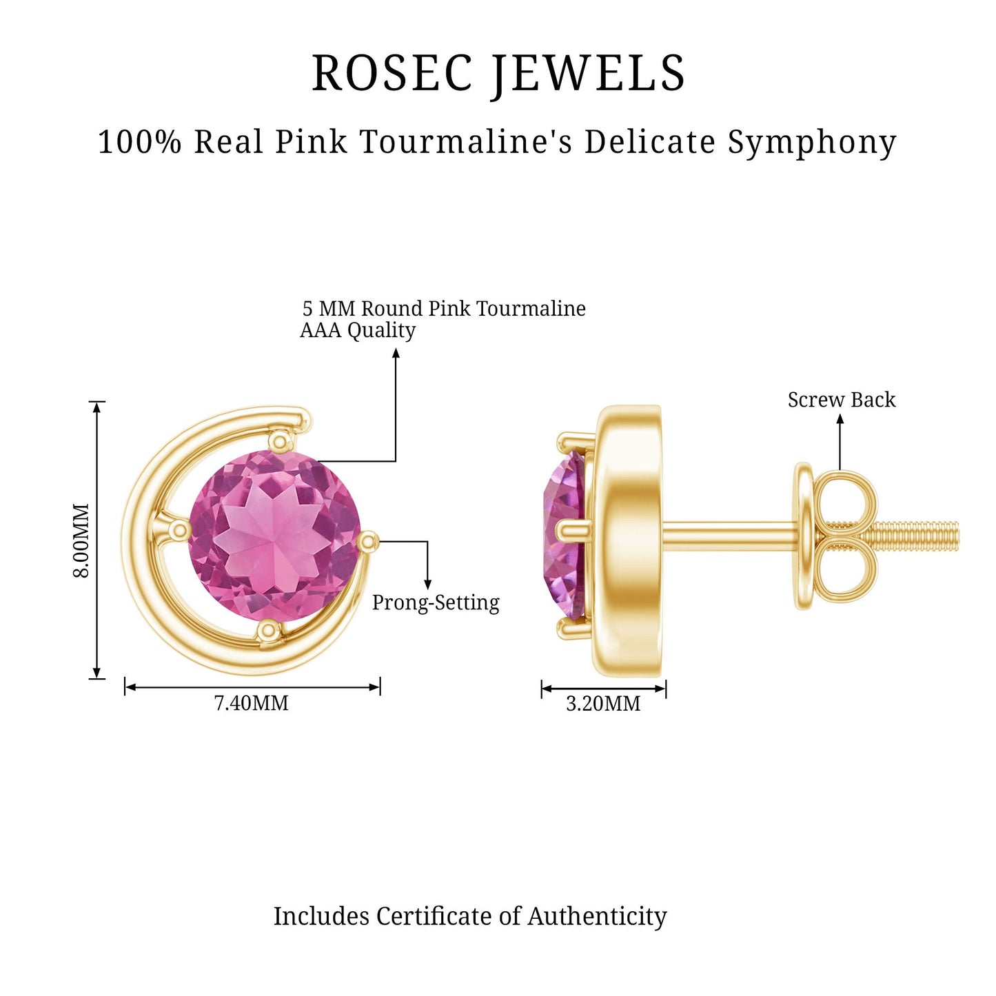 0.9 Carat Genuine Pink Tourmaline Solitaire Stud Earrings