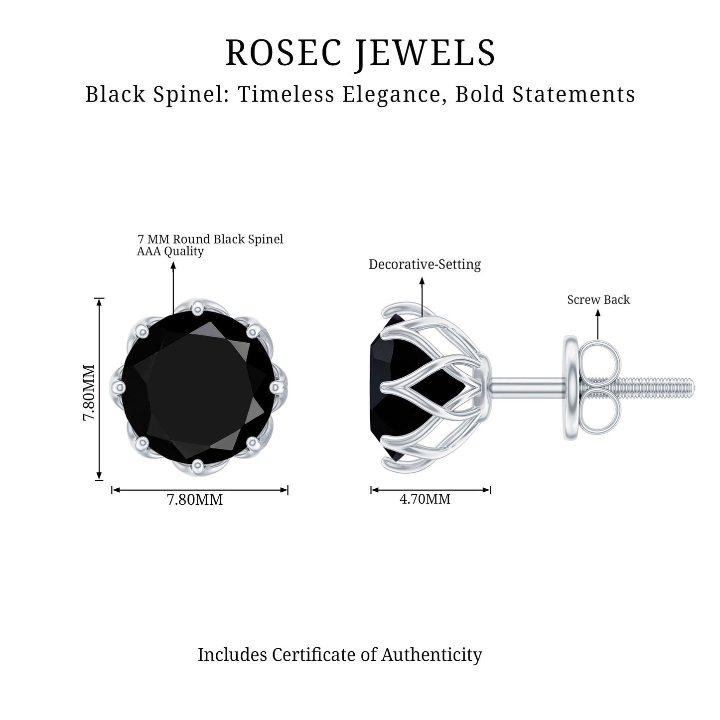 Genuine 3 Carat Black Spinel Stud Earrings with Screw Back