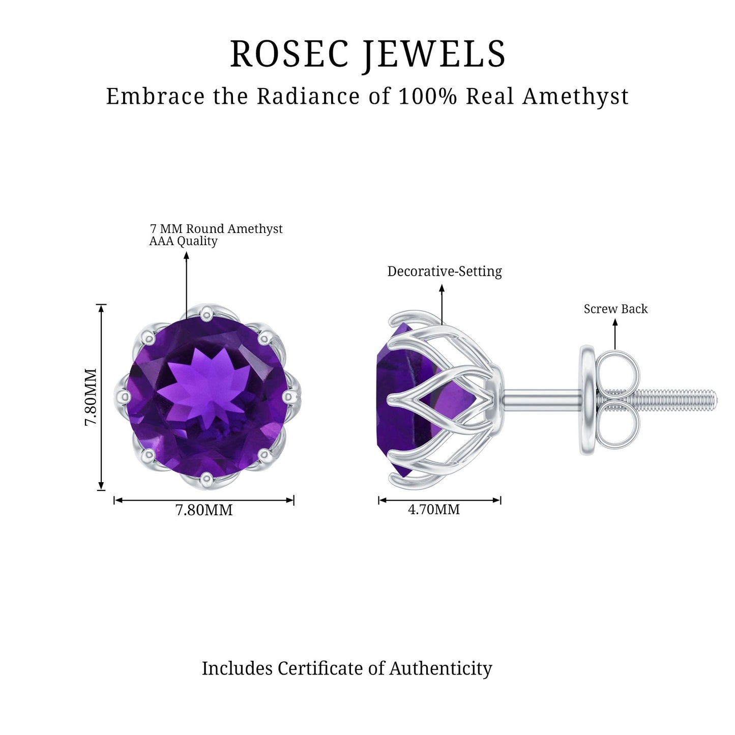 Natural Amethyst Solitaire Stud Earrings with Screw Back