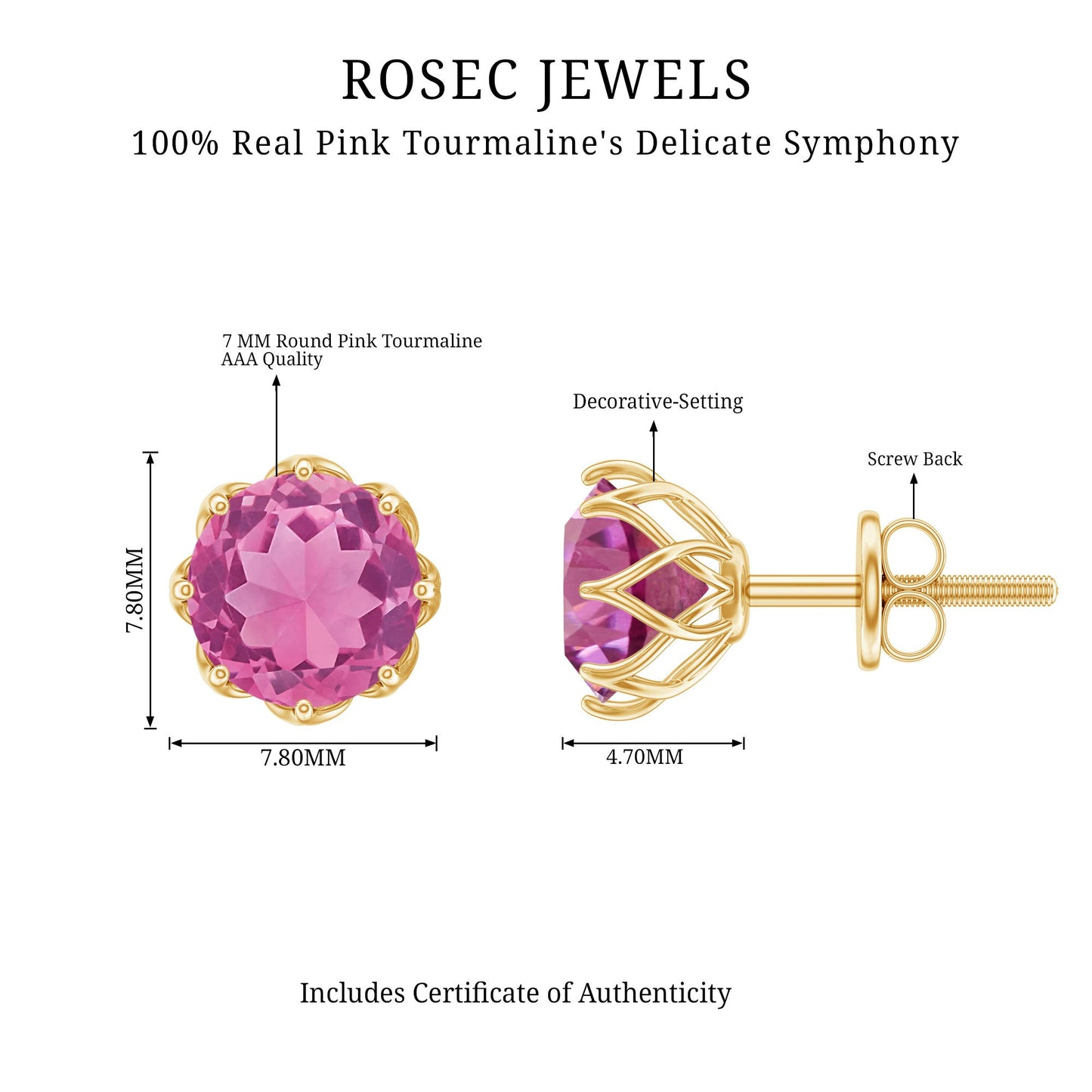 Natural 2.4 Carat Pink Tourmaline Solitaire Earrings with Screw Back