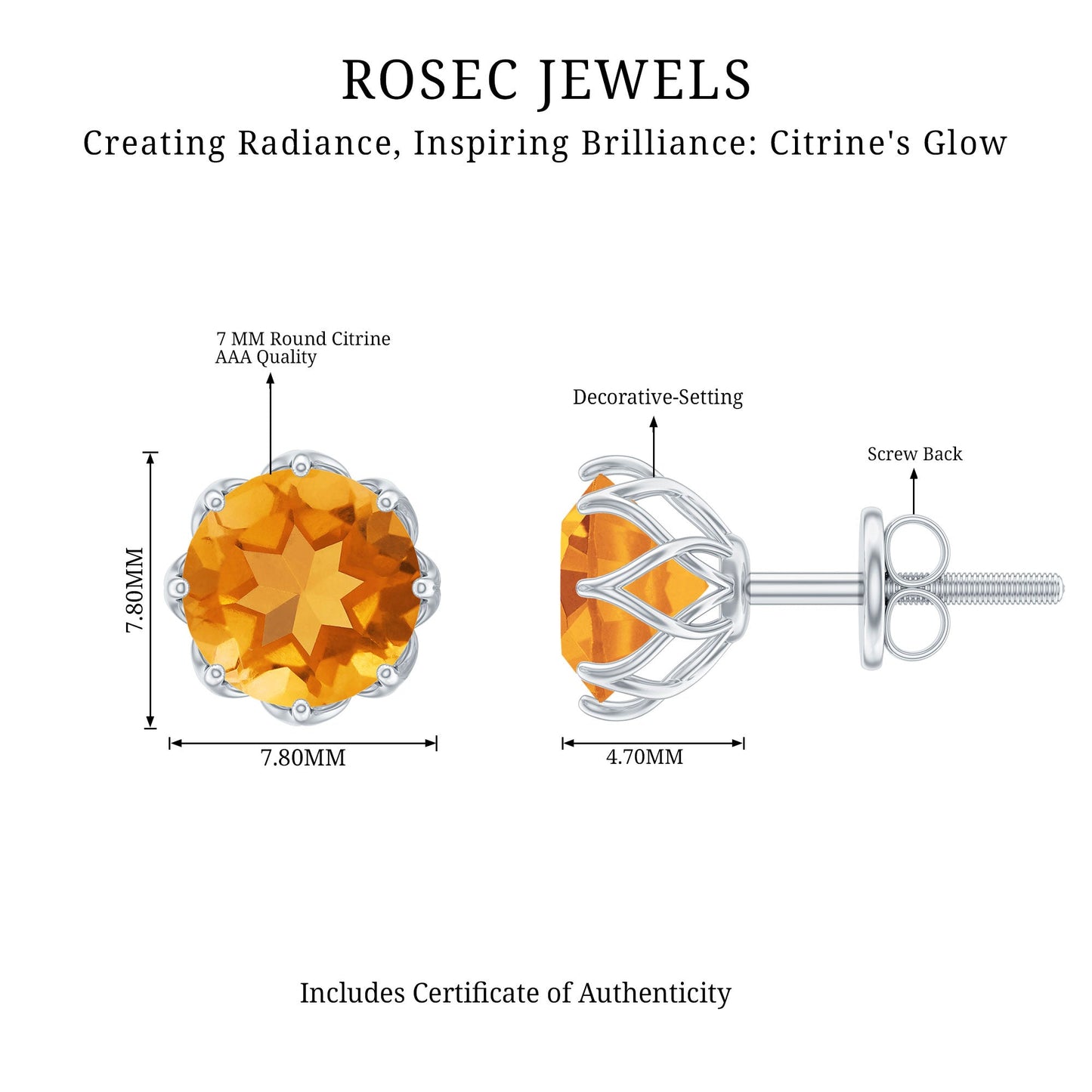 Natural 2.4 Carat Citrine Stud Earrings with Screw Back