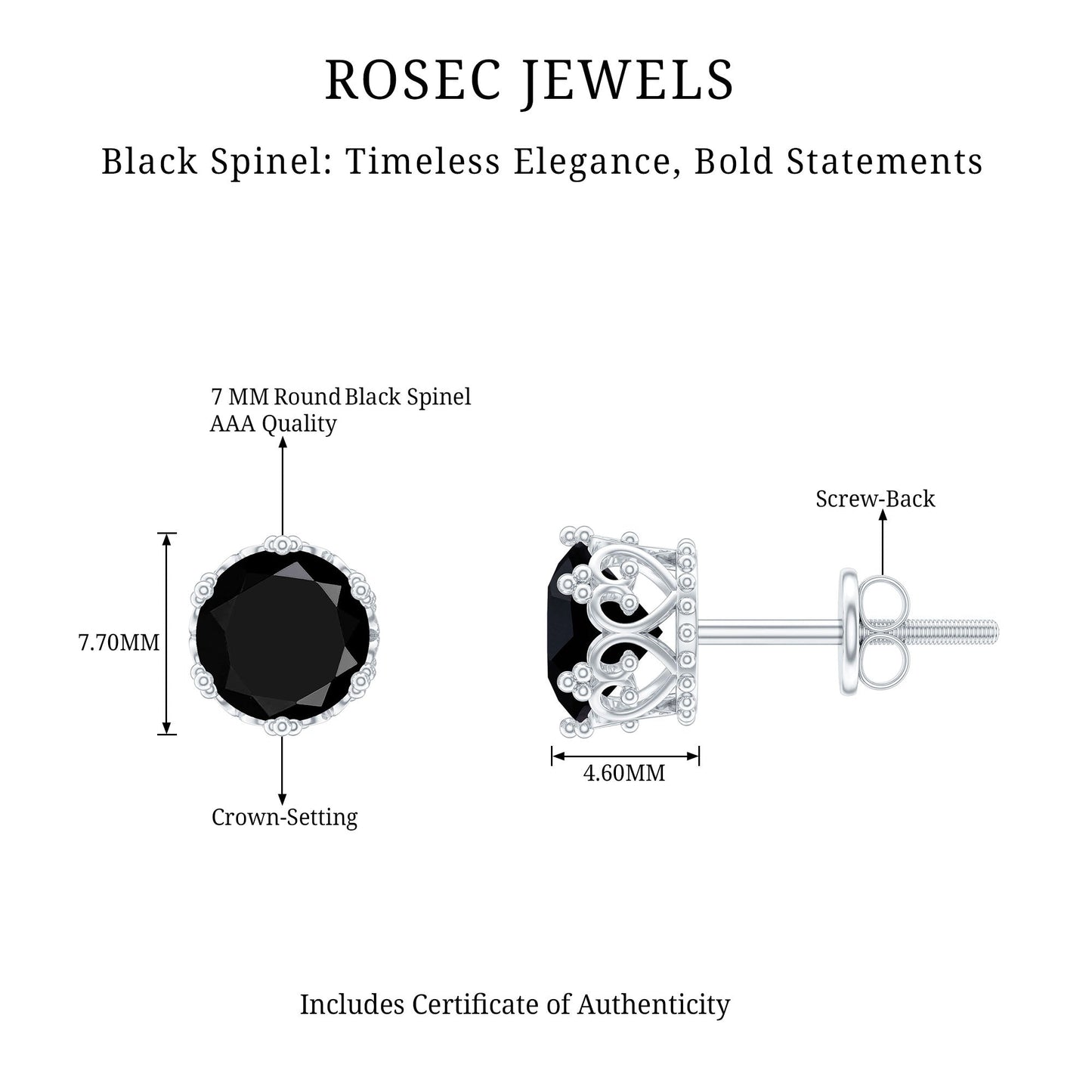 3 Carat Genuine Black Spinel Crown Stud Earrings