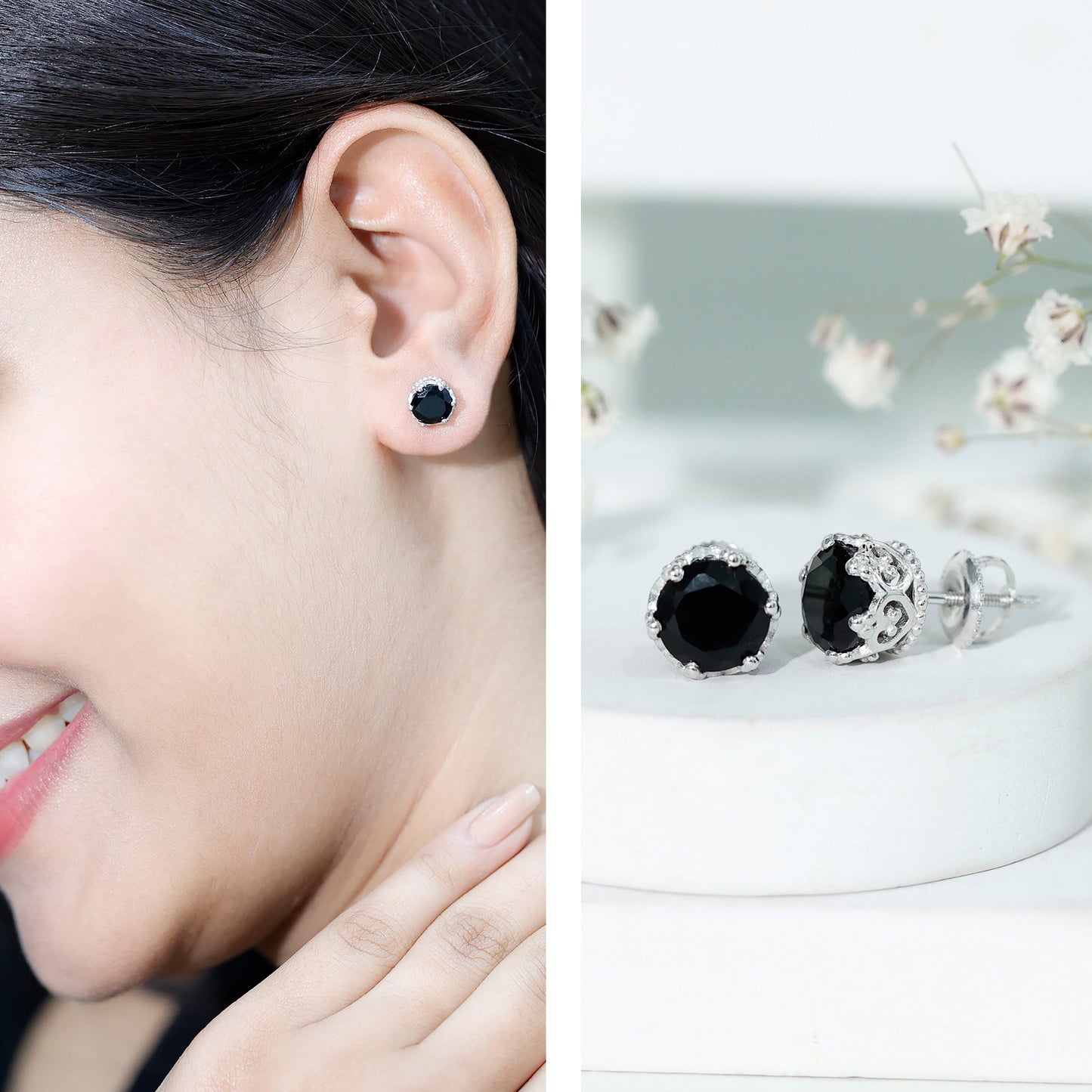 3 Carat Genuine Black Spinel Crown Stud Earrings