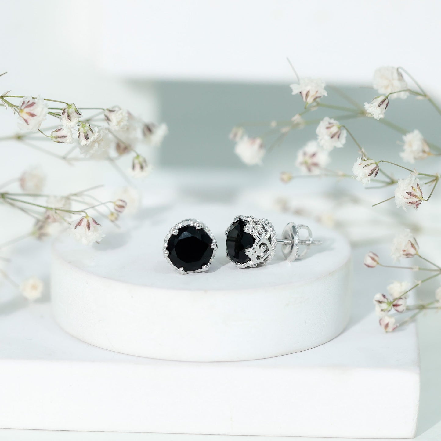 3 Carat Genuine Black Spinel Crown Stud Earrings