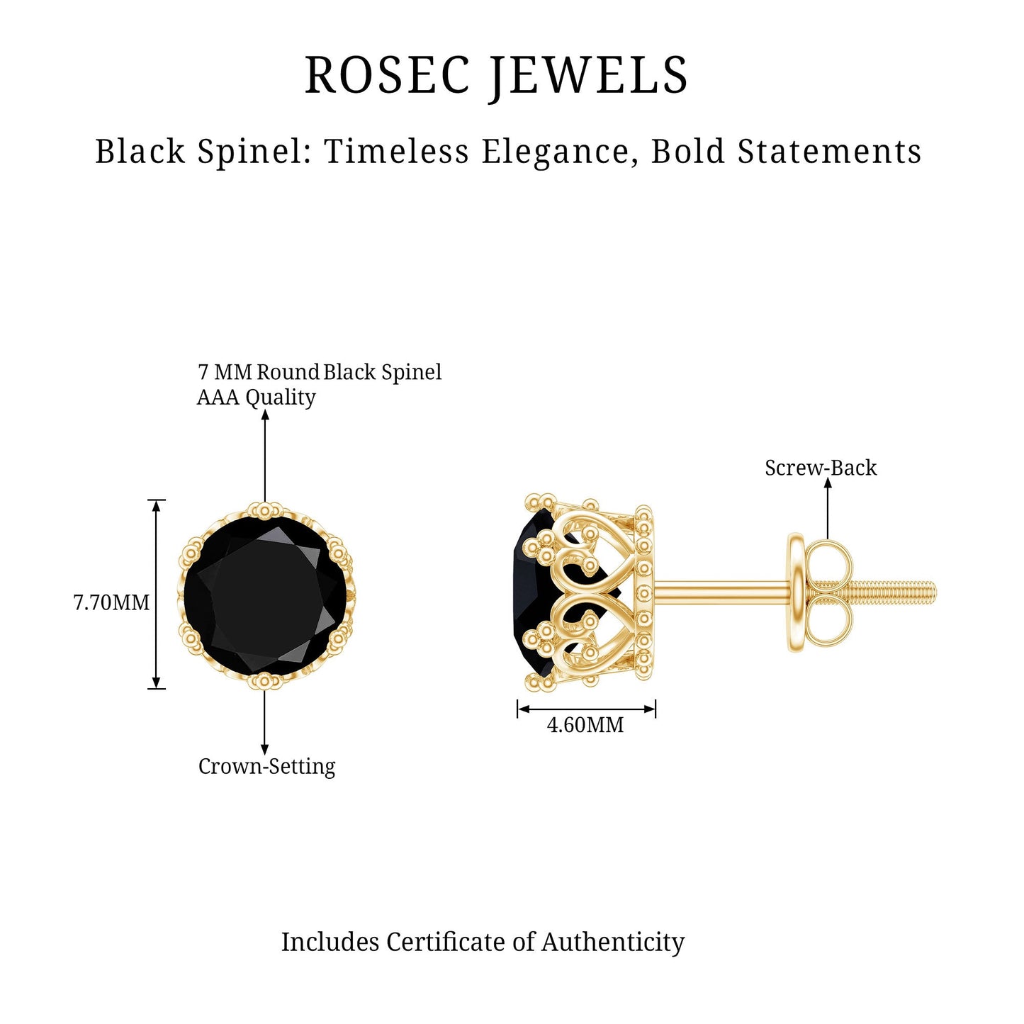 3 Carat Genuine Black Spinel Crown Stud Earrings