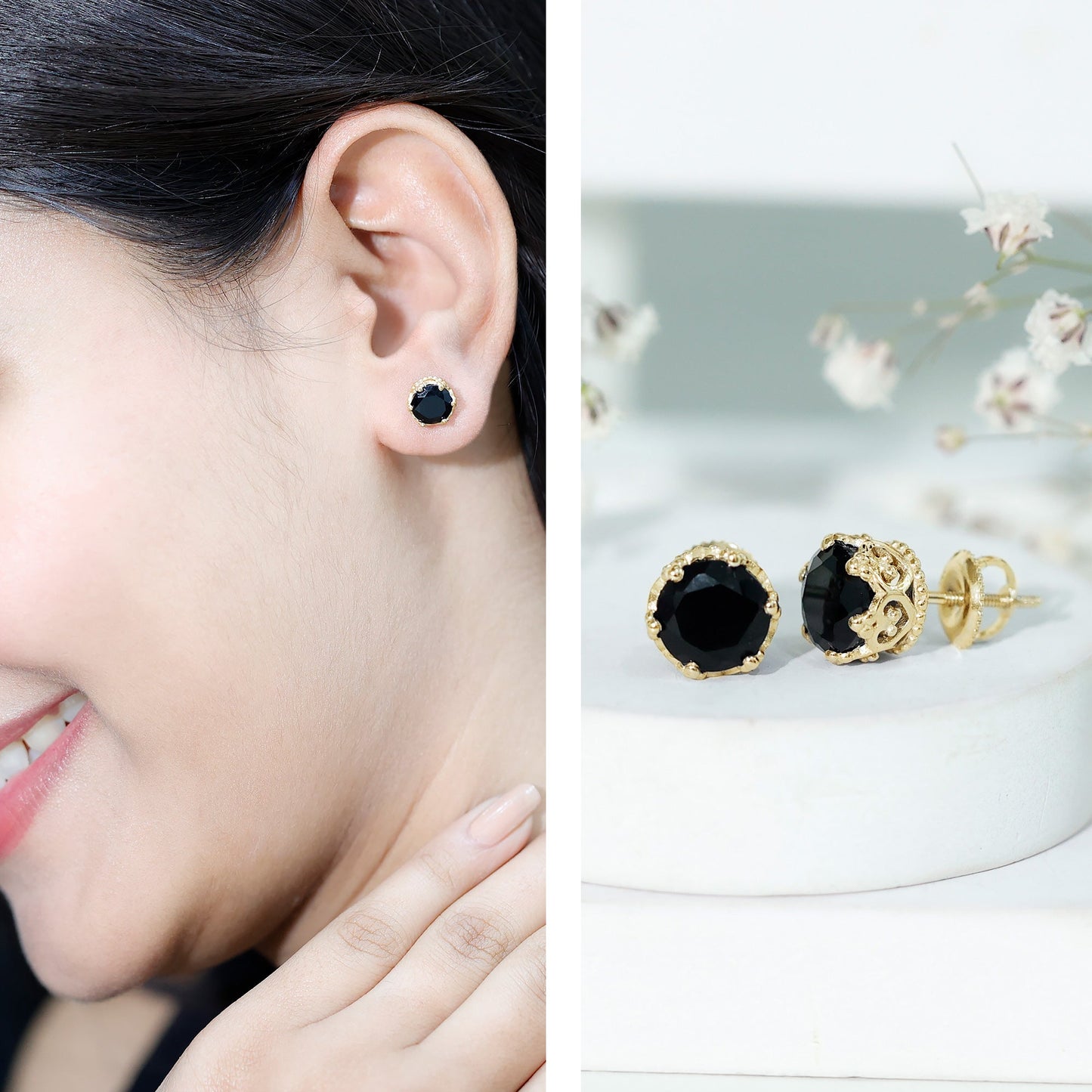 3 Carat Genuine Black Spinel Crown Stud Earrings