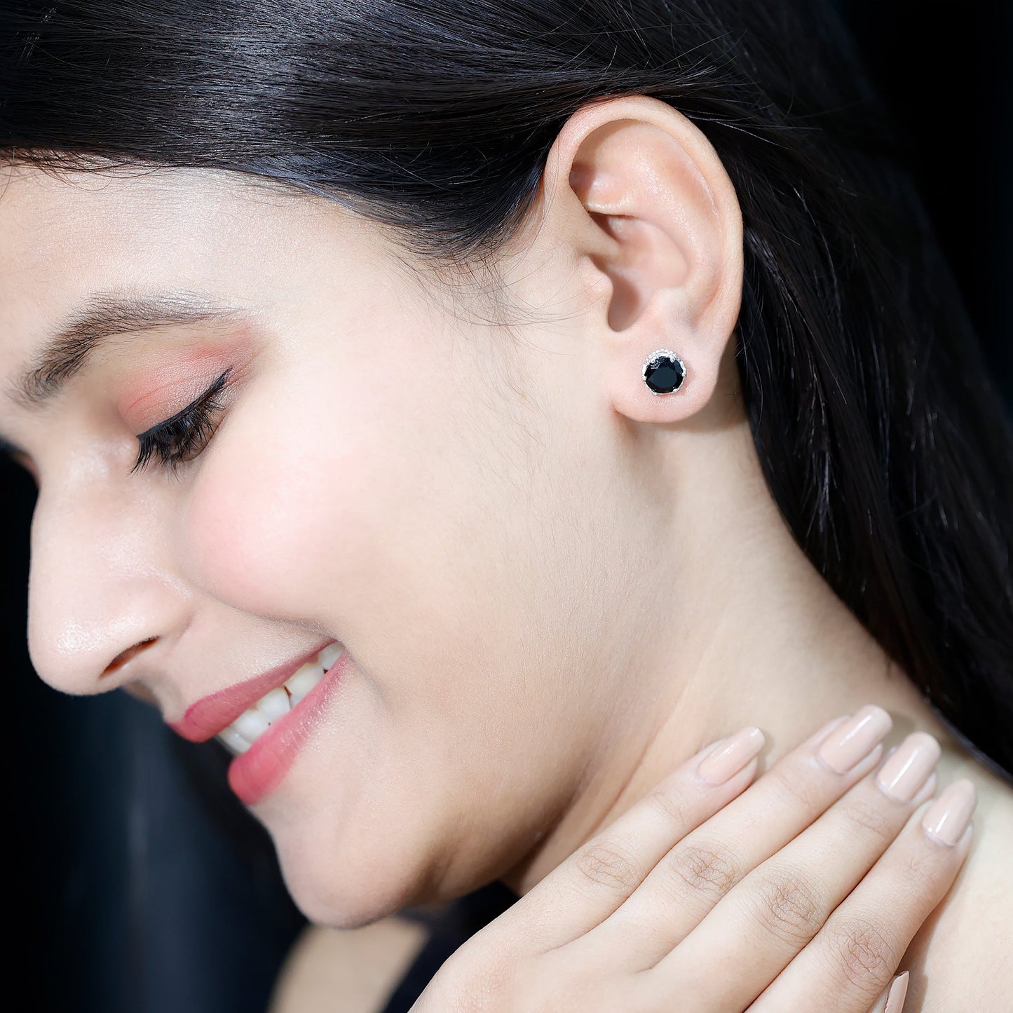 Genuine Black Onyx Crown Stud Earrings with Screw Back