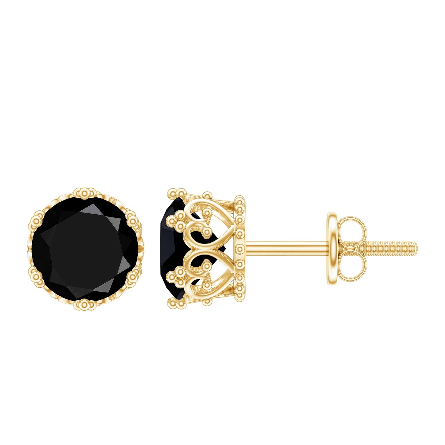 Genuine Black Onyx Crown Stud Earrings with Screw Back