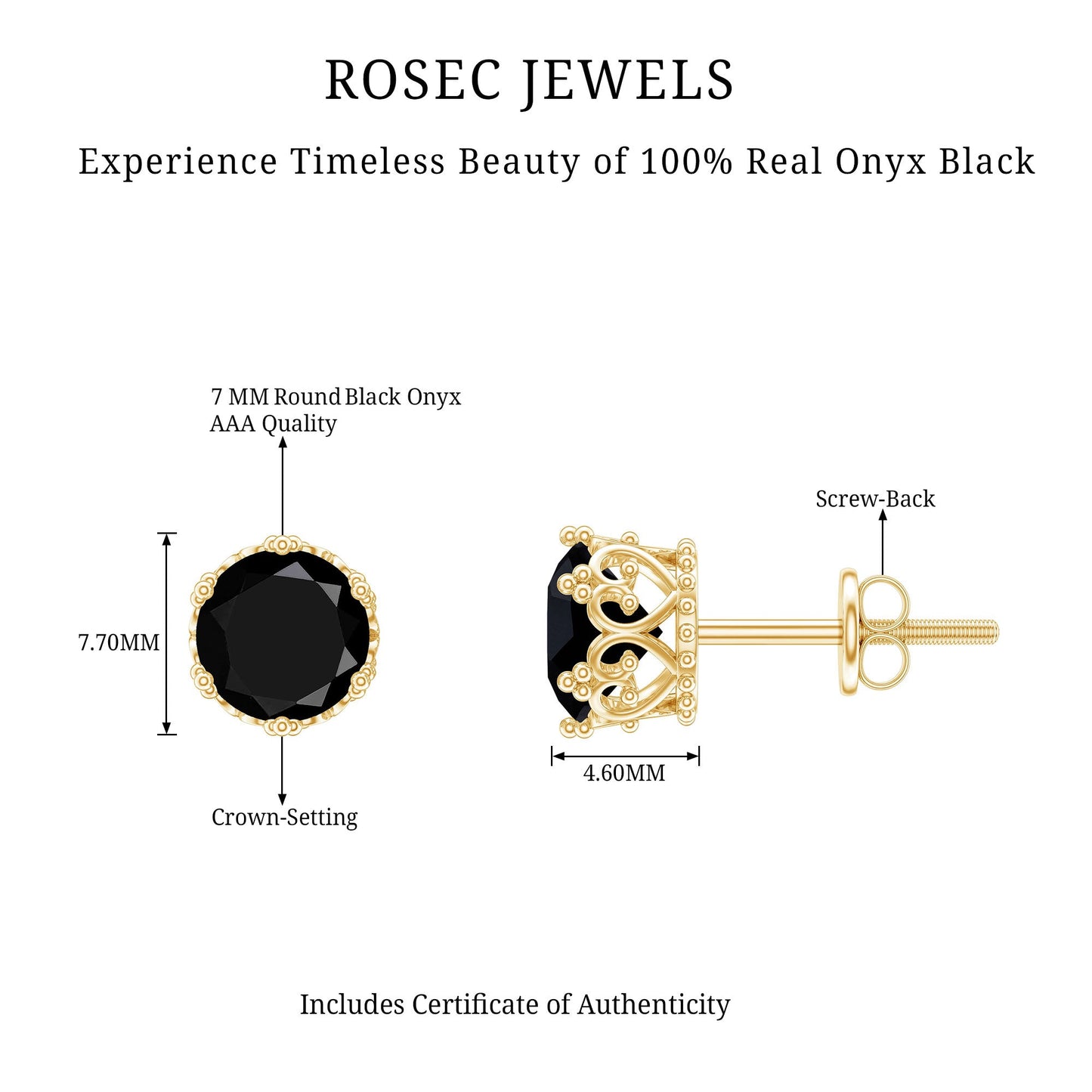 Genuine Black Onyx Crown Stud Earrings with Screw Back