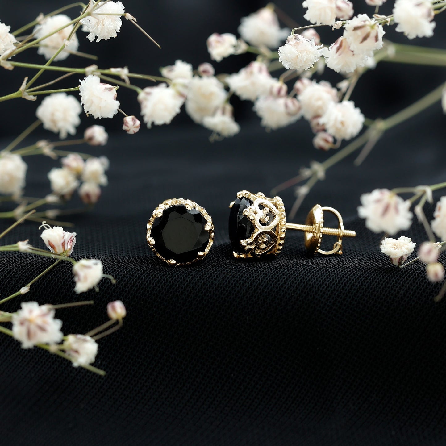 Genuine Black Onyx Crown Stud Earrings with Screw Back