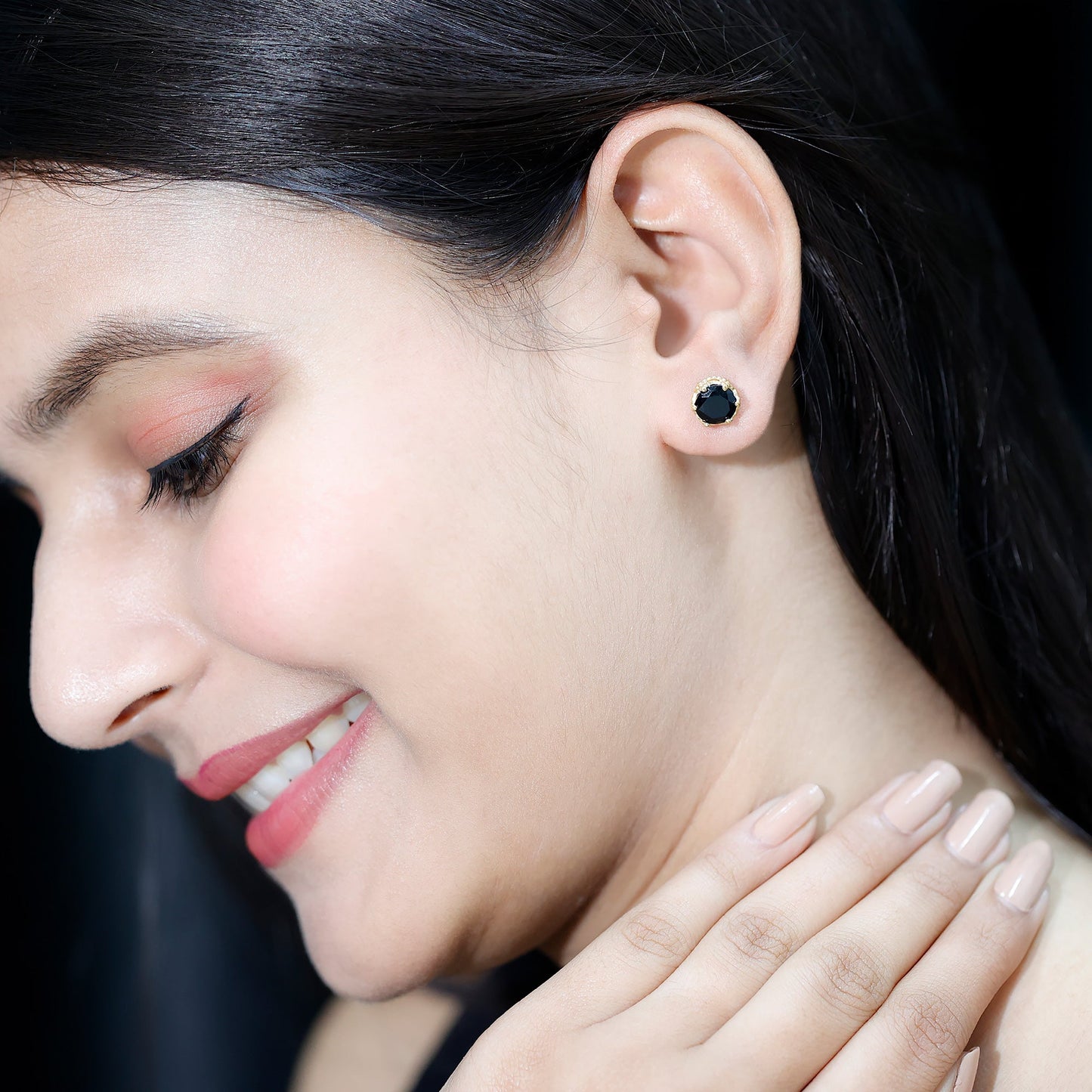 Genuine Black Onyx Crown Stud Earrings with Screw Back