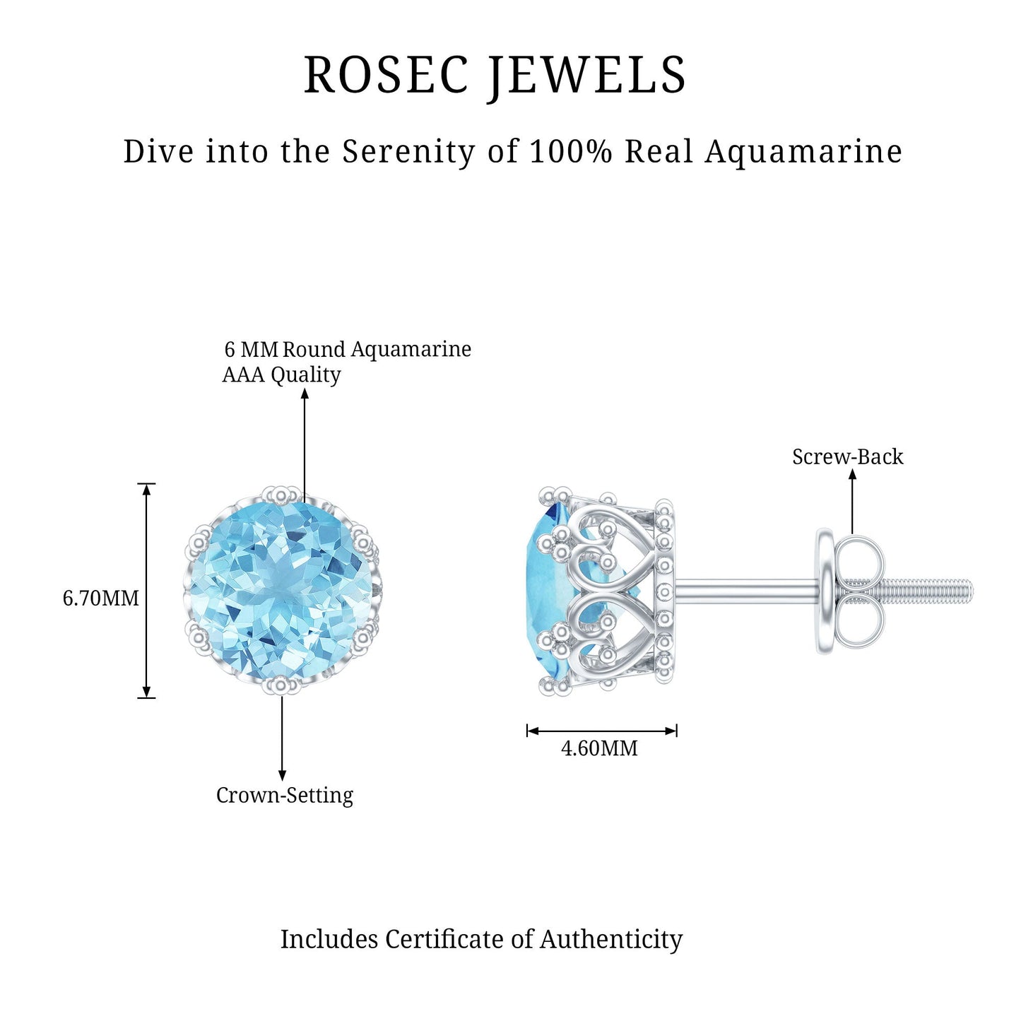 1.6 Carat Genuine Aquamarine Crown Stud Earrings