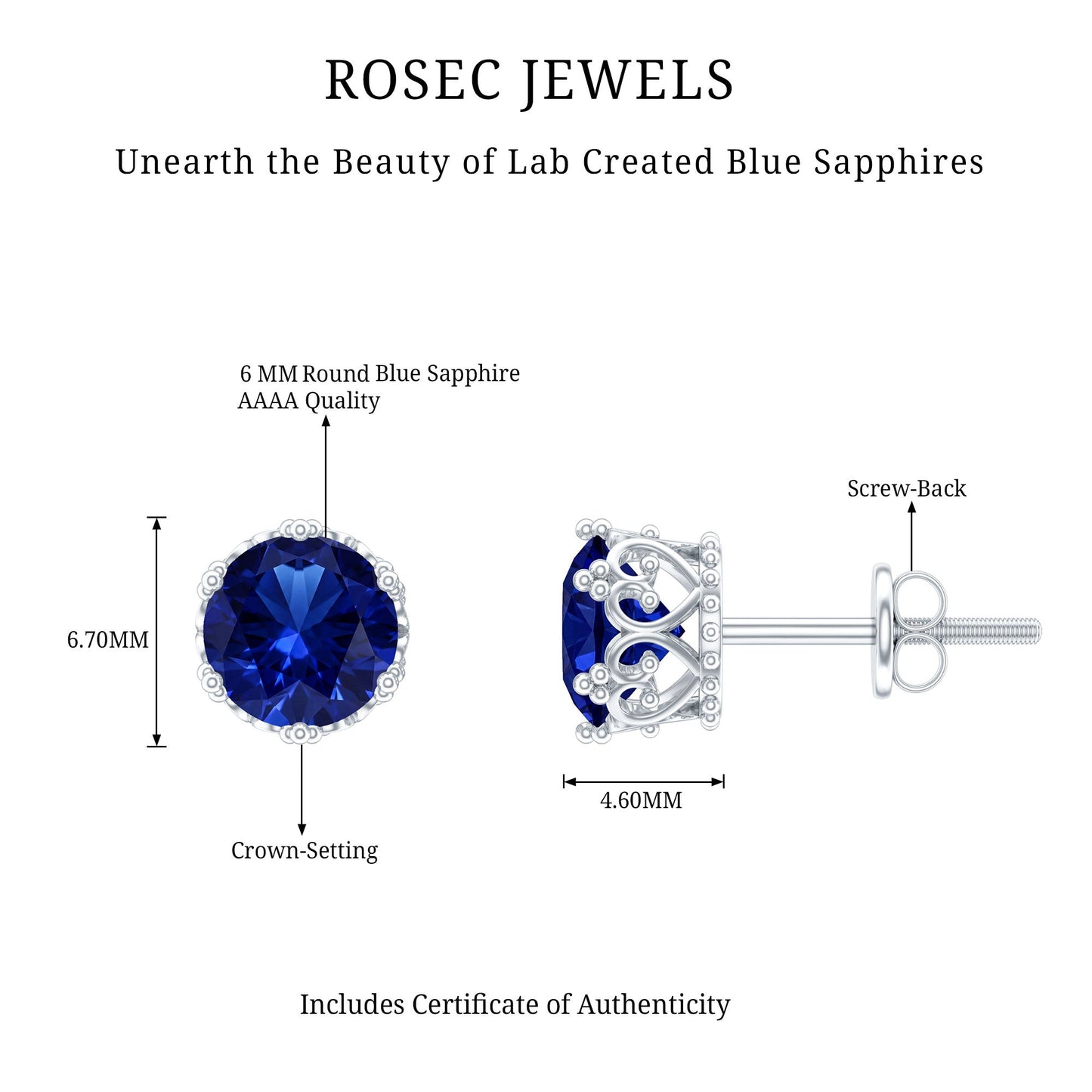 2 Carat Solitaire Lab Created Blue Sapphire Crown Stud Earrings