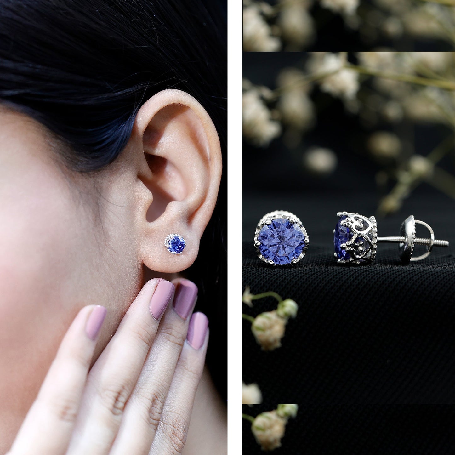 2 Carat Solitaire Lab Created Blue Sapphire Crown Stud Earrings