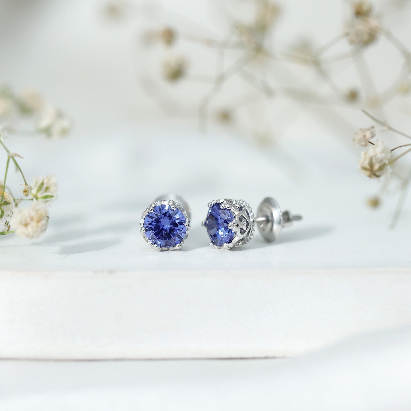 2 Carat Solitaire Lab Created Blue Sapphire Crown Stud Earrings