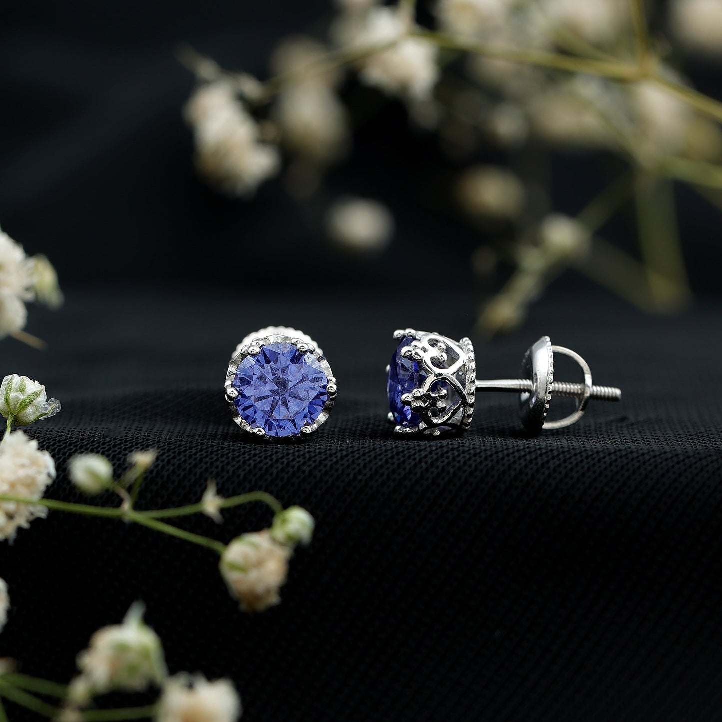 2 Carat Solitaire Lab Created Blue Sapphire Crown Stud Earrings