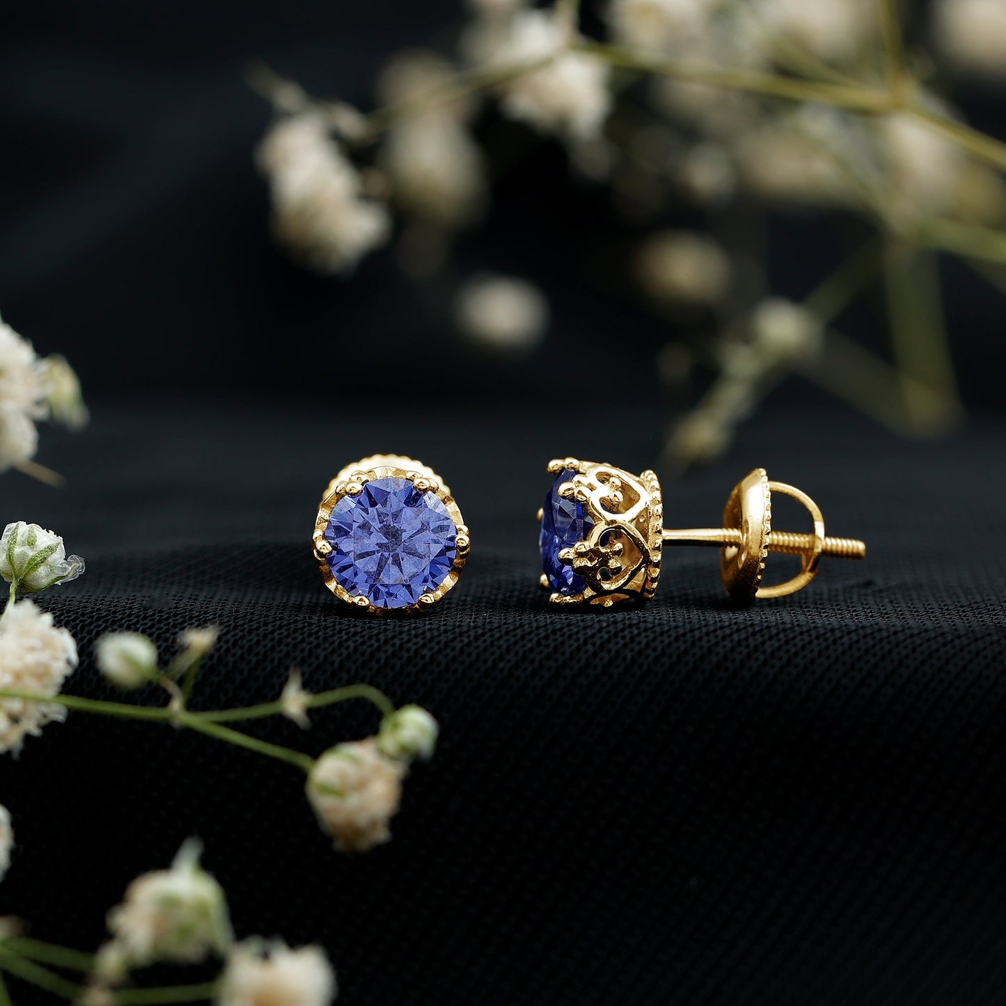 2 Carat Solitaire Lab Created Blue Sapphire Crown Stud Earrings