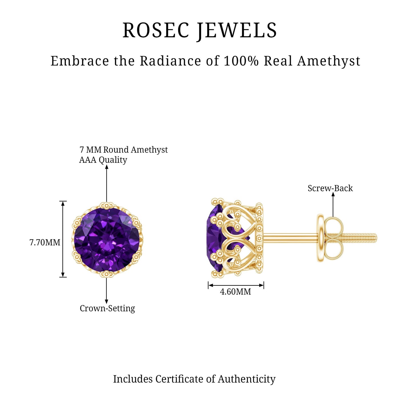 Genuine Amethyst Stud Earrings with Certificate