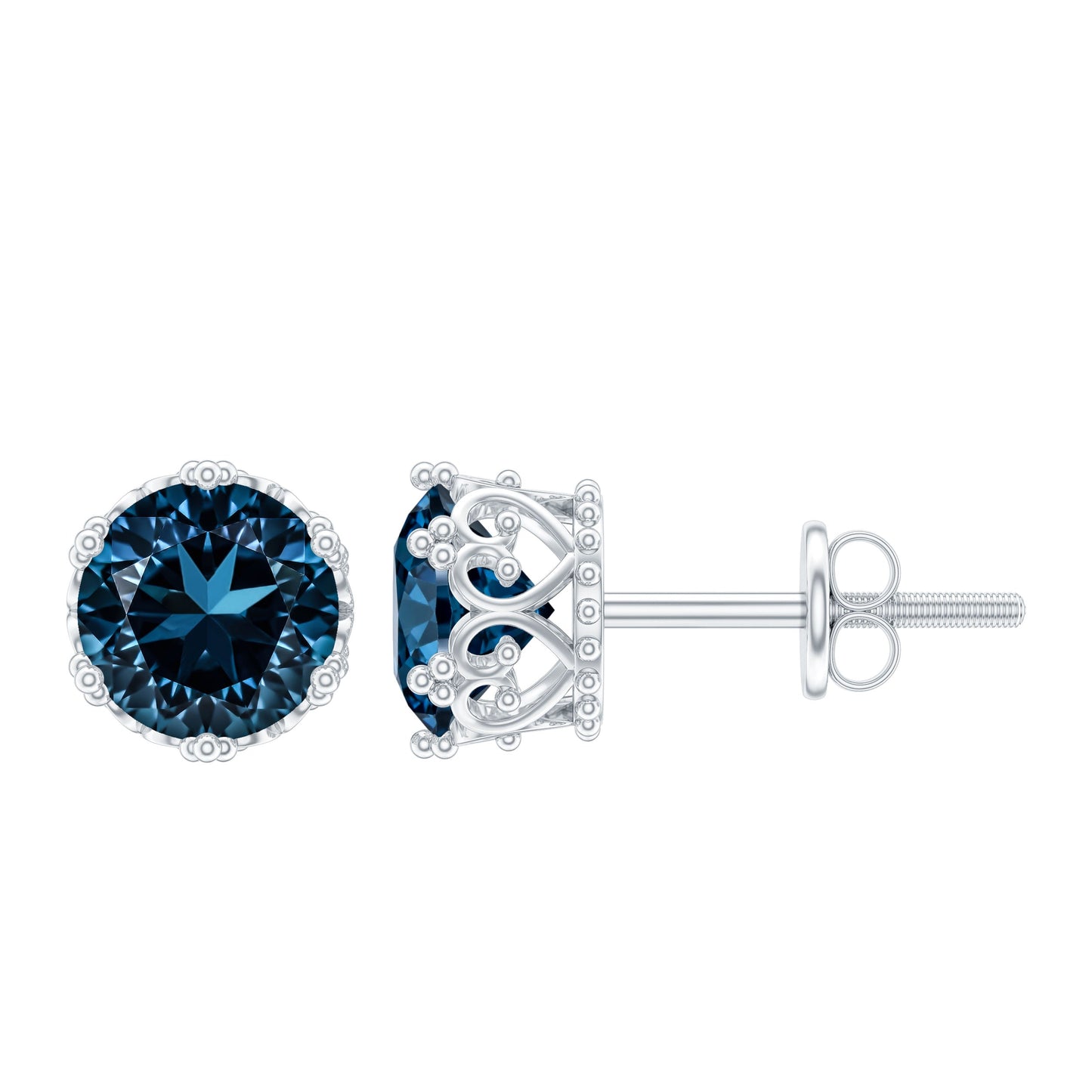 2.7 Carat Round Cut London Blue Topaz Crown Stud Earrings