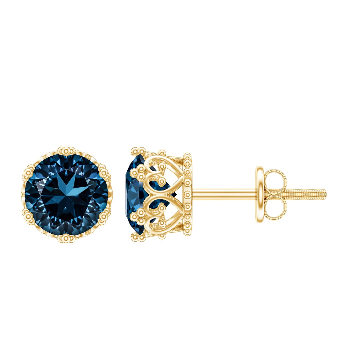 2.7 Carat Round Cut London Blue Topaz Crown Stud Earrings