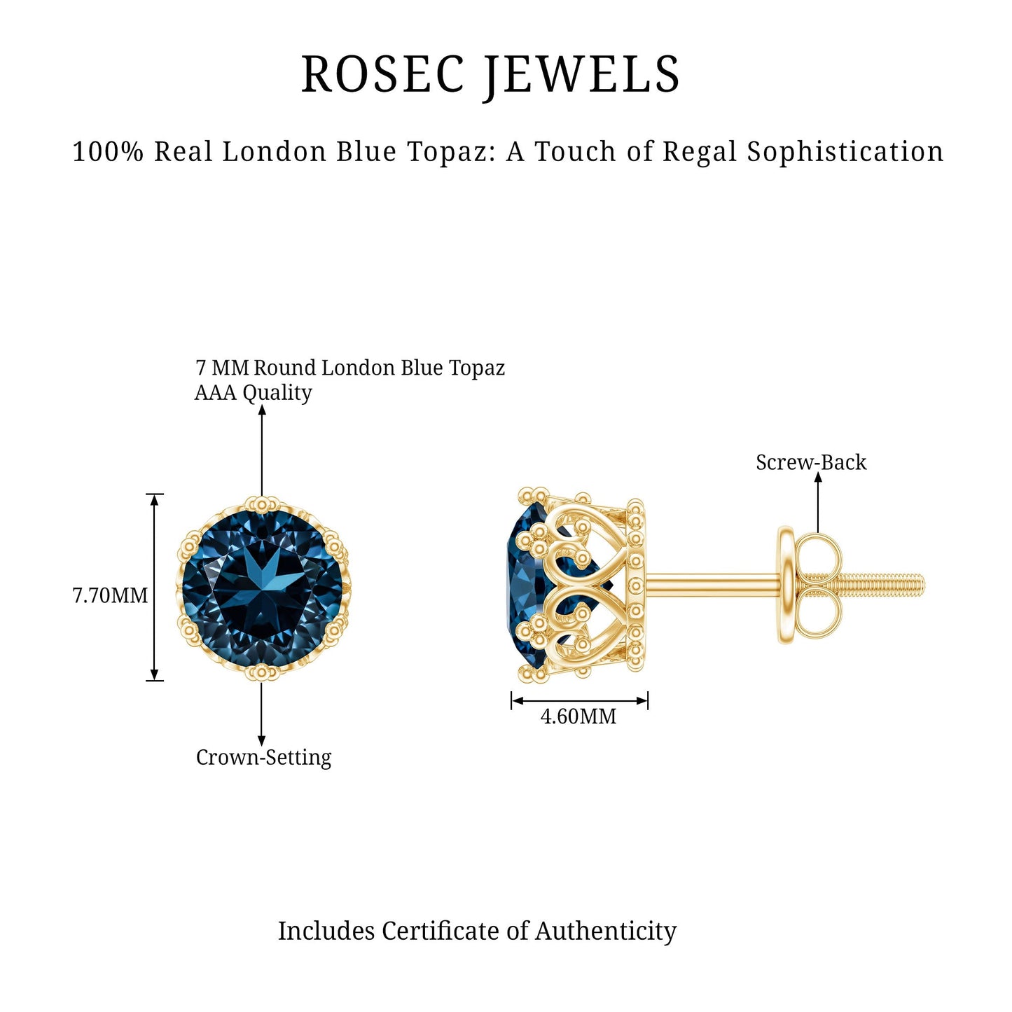 2.7 Carat Round Cut London Blue Topaz Crown Stud Earrings