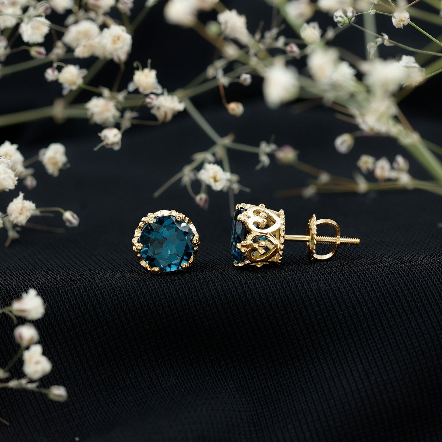2.7 Carat Round Cut London Blue Topaz Crown Stud Earrings