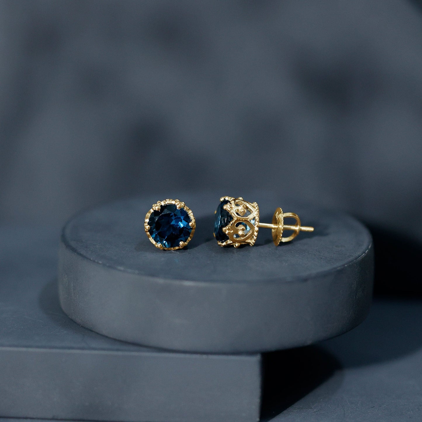 2.7 Carat Round Cut London Blue Topaz Crown Stud Earrings