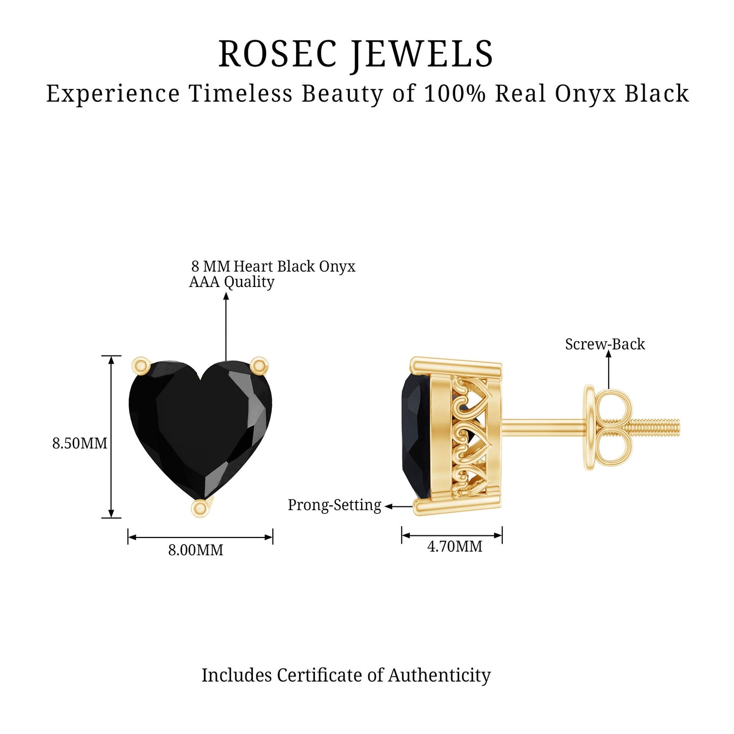 4.2 Carat Heart Shape Black Onyx Solitaire Stud Earrings in 3 Prong Setting