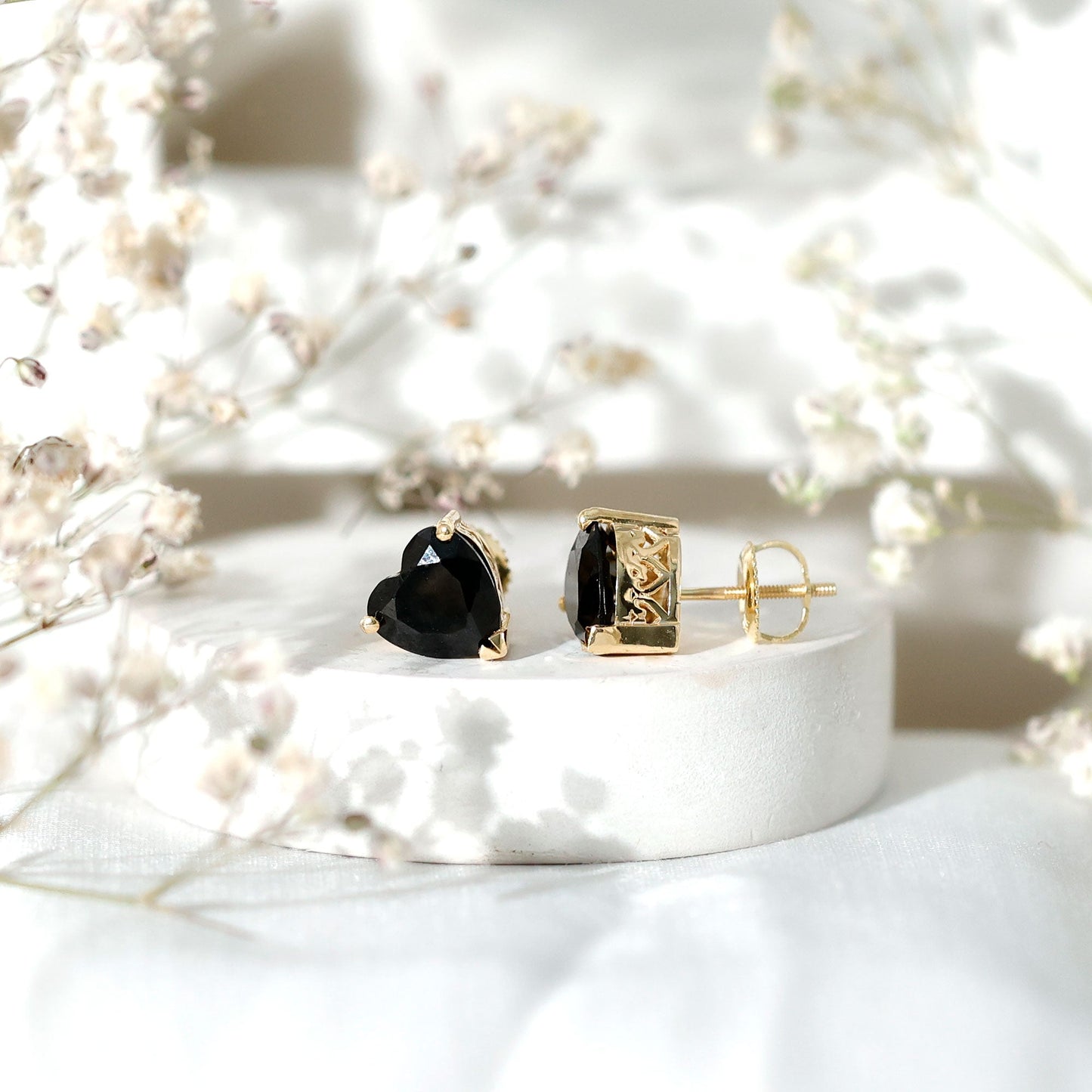 4.2 Carat Heart Shape Black Onyx Solitaire Stud Earrings in 3 Prong Setting