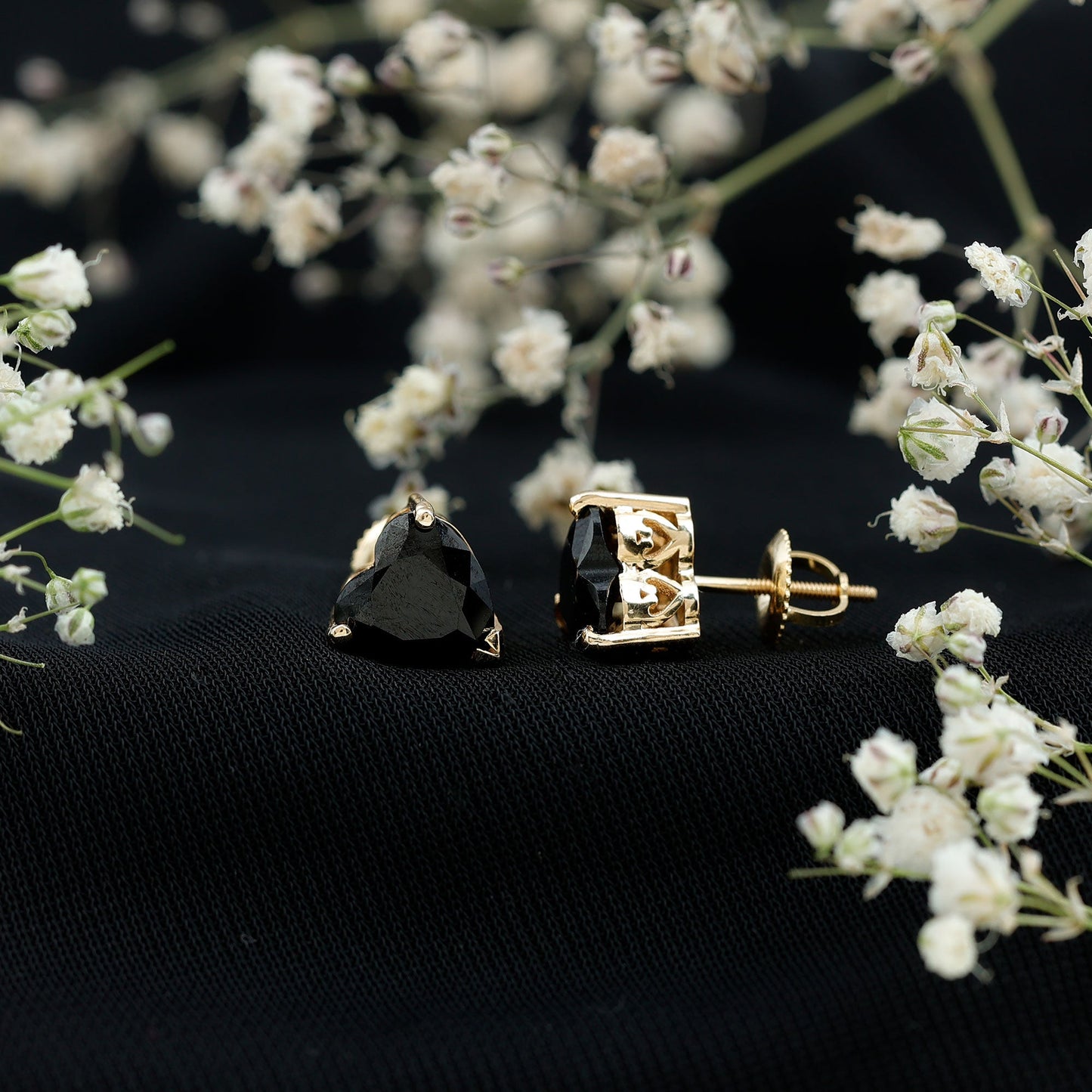 4.2 Carat Heart Shape Black Onyx Solitaire Stud Earrings in 3 Prong Setting