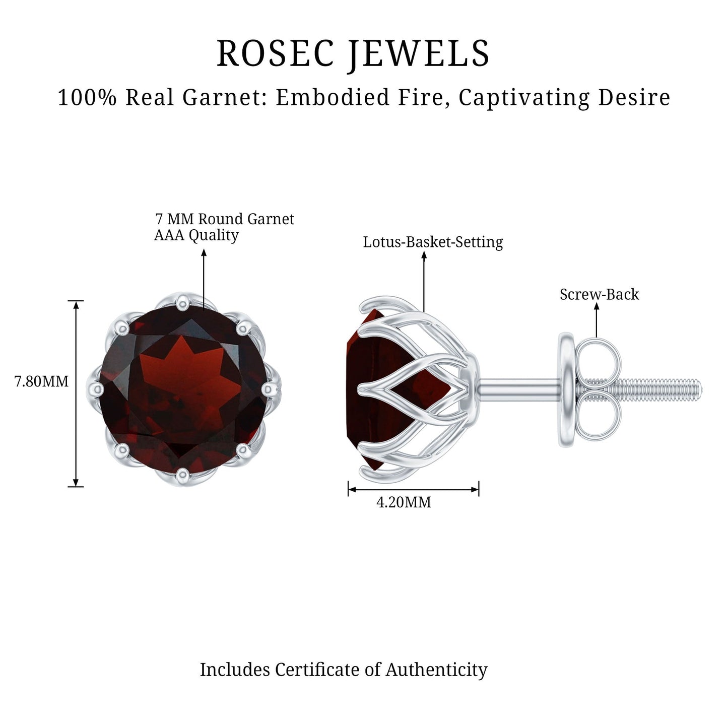 Genuine 3.4 Carat Round Cut Garnet Solitaire Stud Earrings